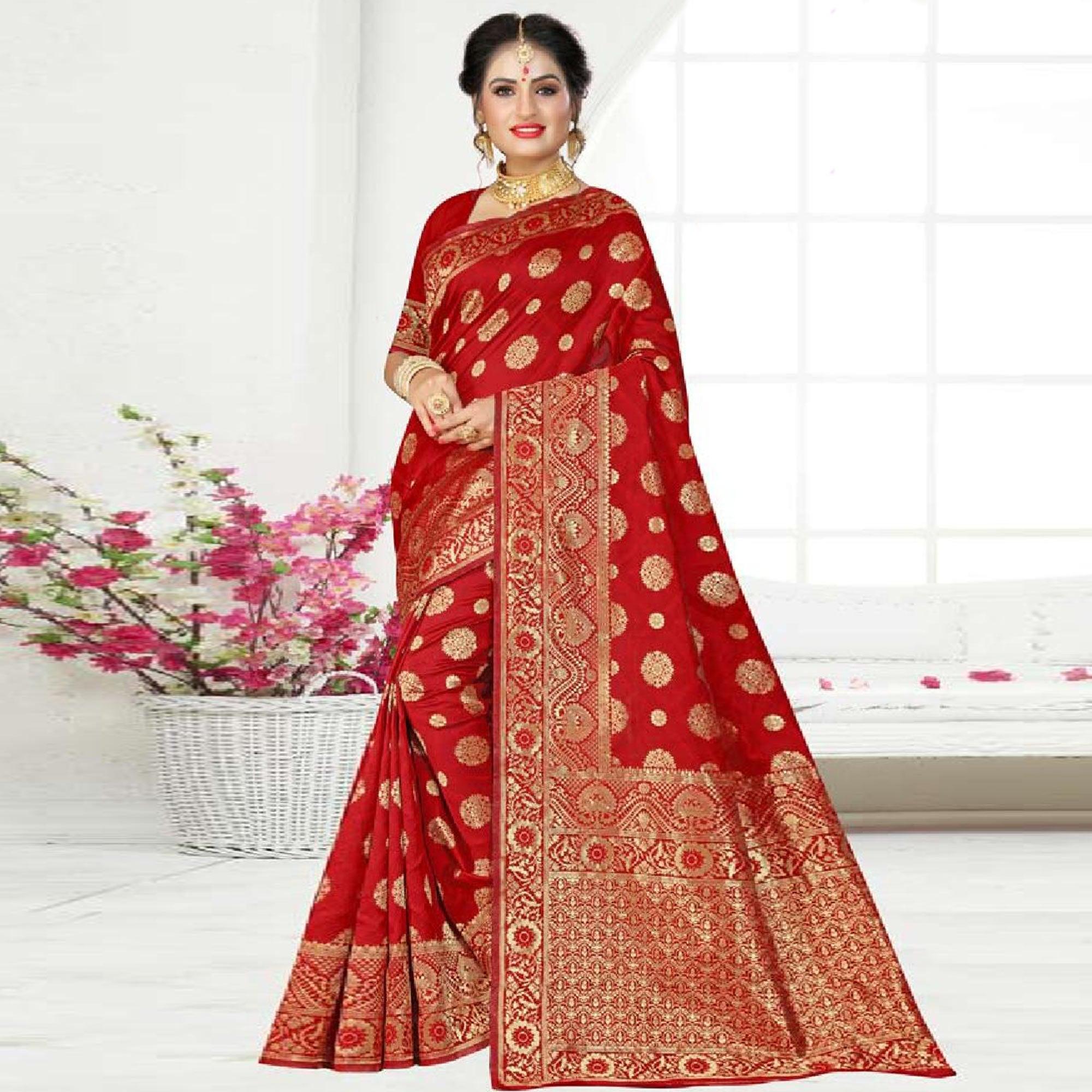 Peachmode Charming Red Colored Festive Wear Woven Art Silk Saree