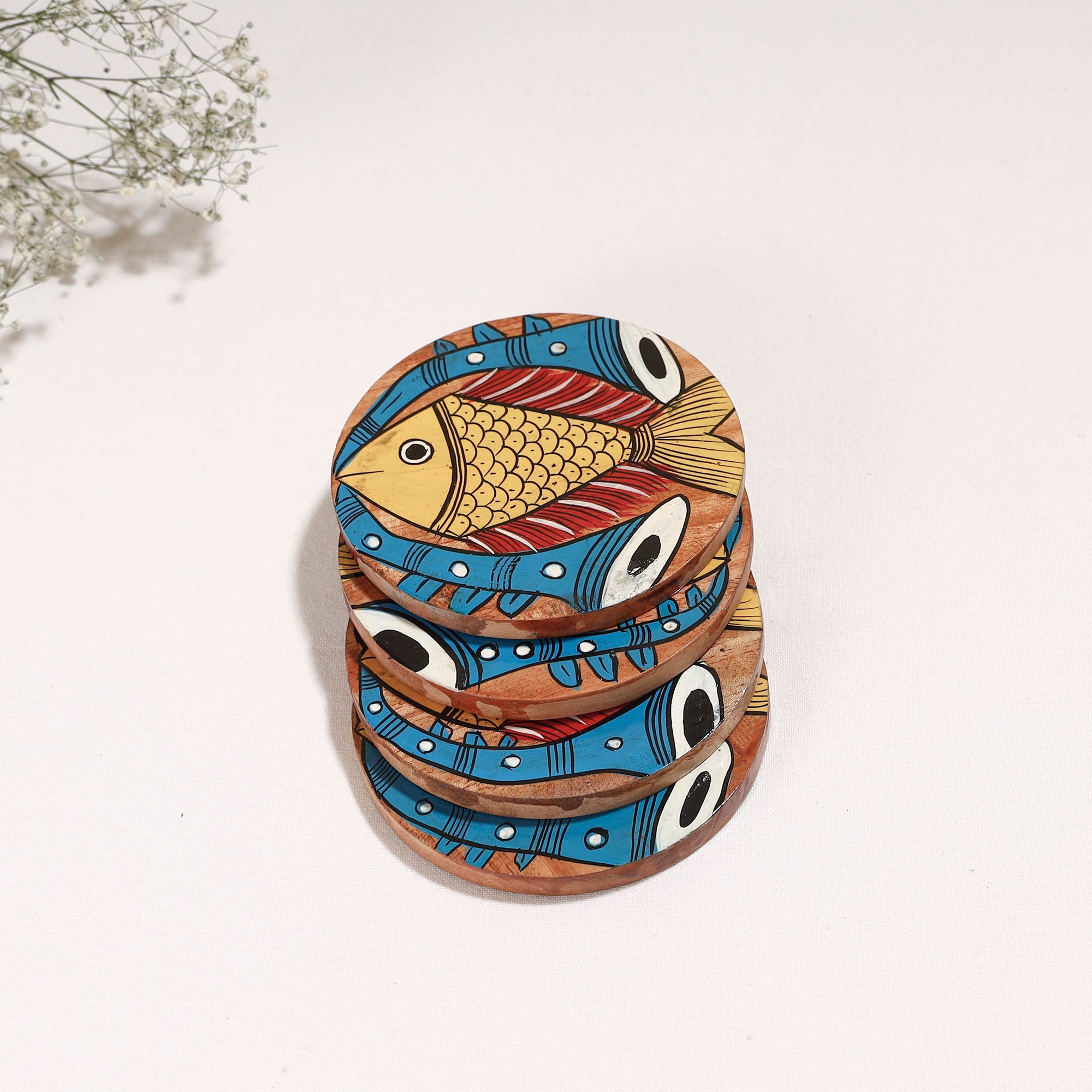 ITOKRI CRAFTS INITIATIVE Bengal Patua Handpainted Akashmoni Wooden Coasters (Set of 4) - view 2
