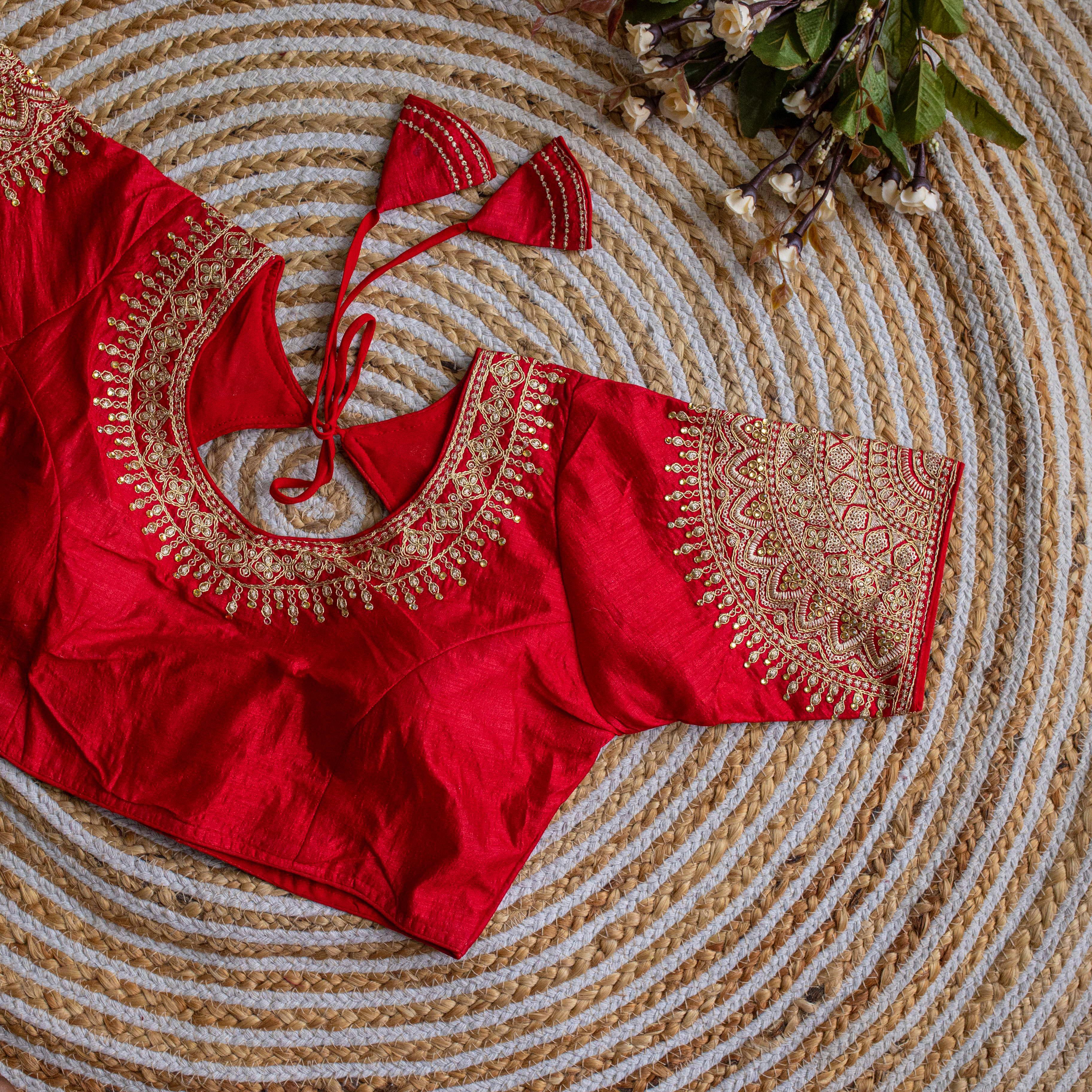 ClothsVilla Red Luxurious Lucknowi Silk Blouse with Golden Embroidery and Sequins