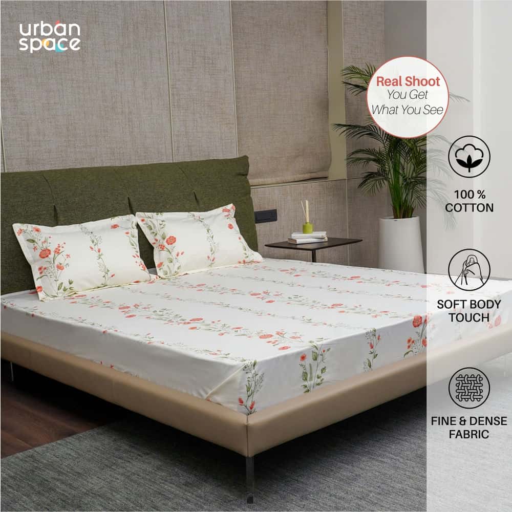 Urban Space -Home Furnishing Store Serene Collection - Breathable 200 TC 100% Pure Cotton Single Bedsheet with Pillow Cover, Veil Bloom- Peach - view 3