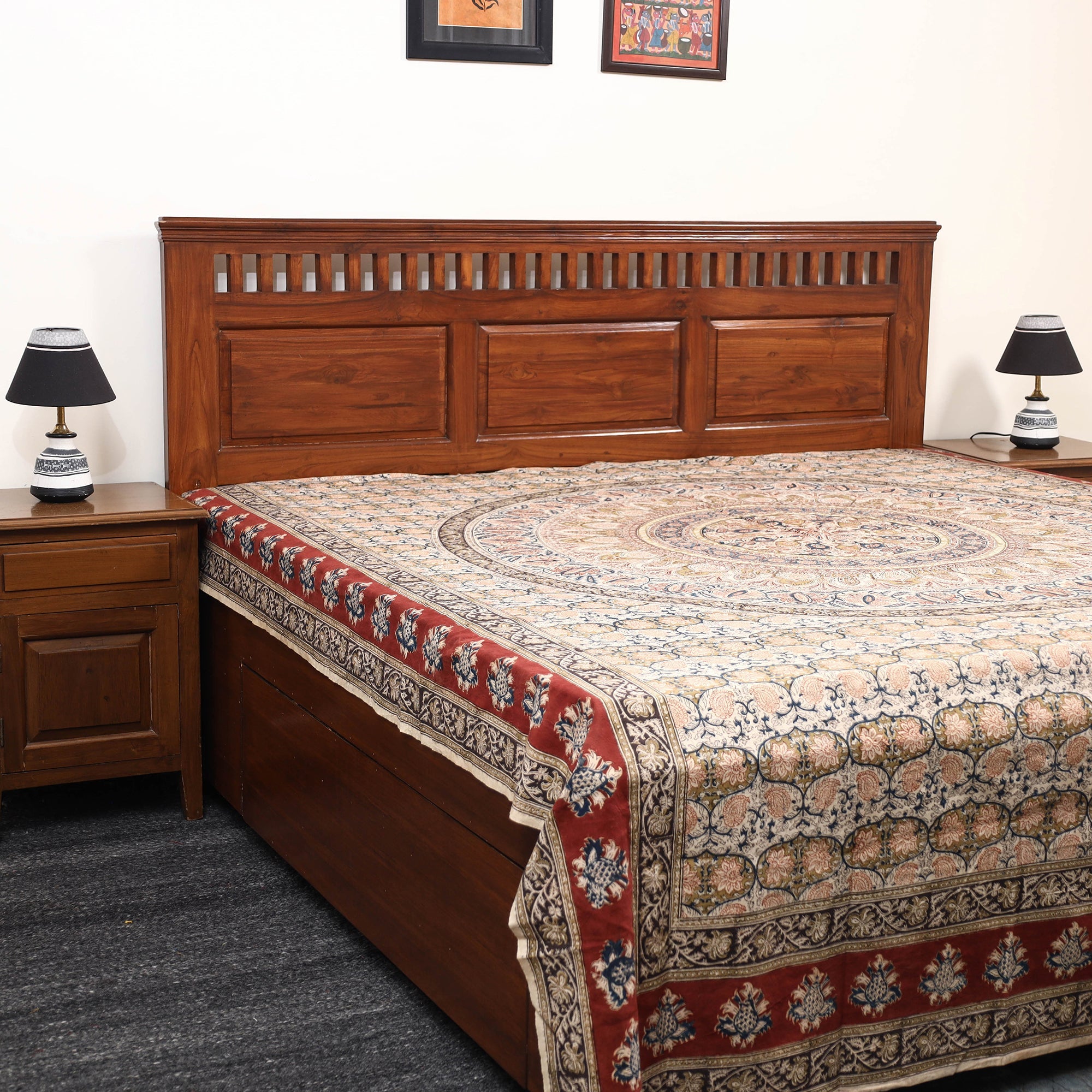 PITCHUKA SRINIVAS KALAMKARI PEDANA Beige - Pedana Kalamkari Block Printed Cotton Double Bed Cover (111 x 91 in) 21