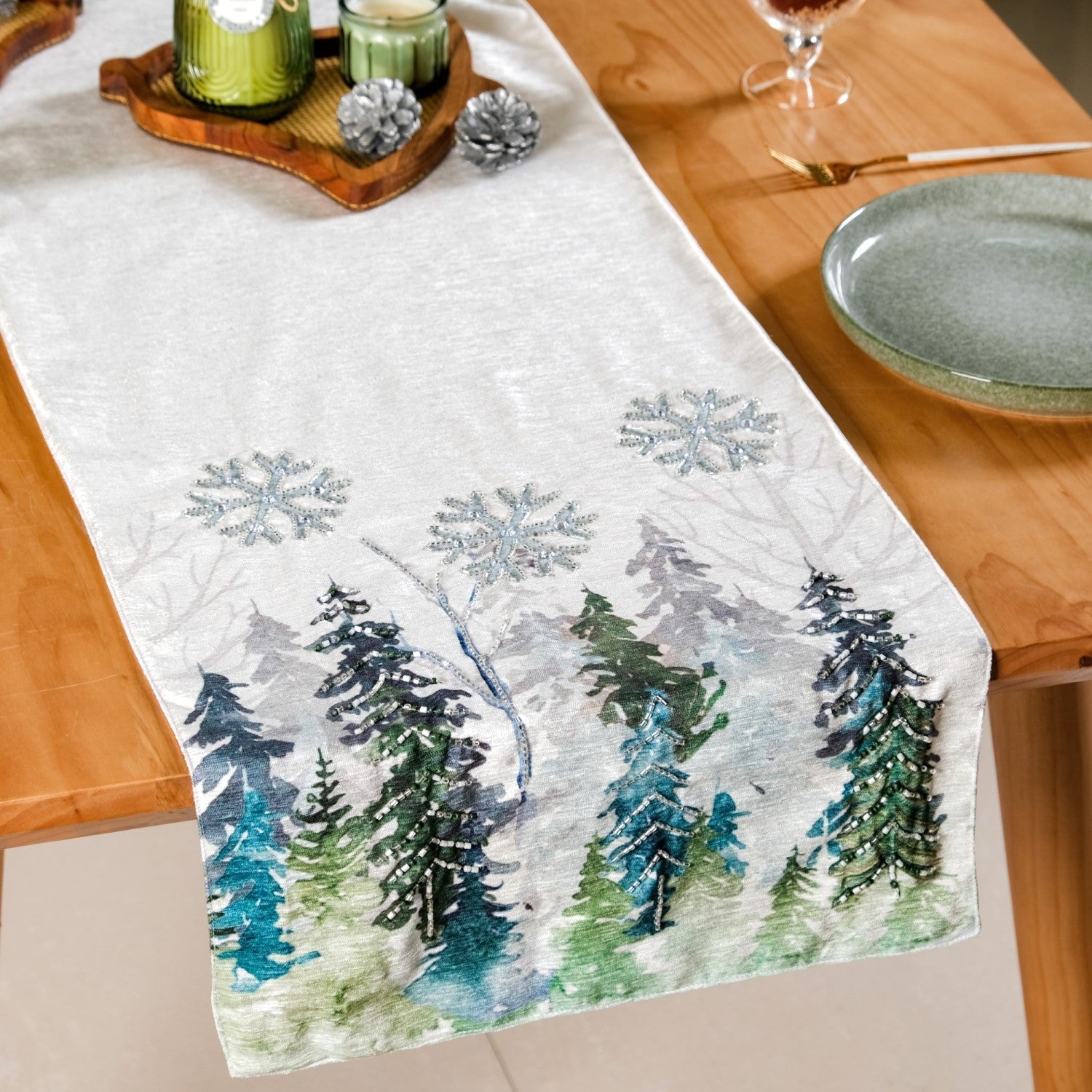 Nestasia Snowfall In Pine Forest Embroidered Table Runner