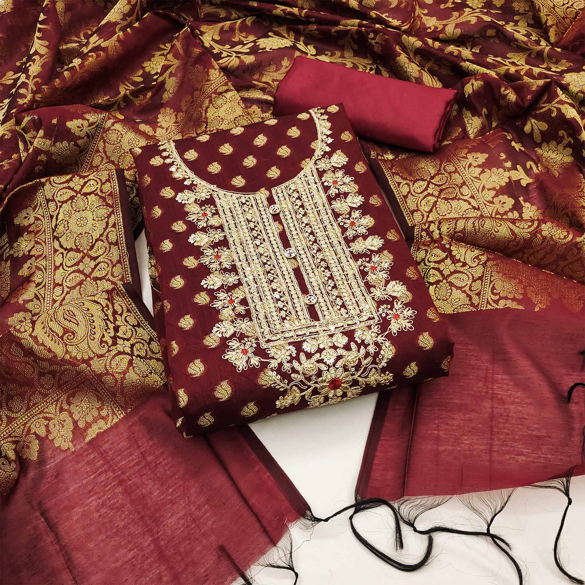 Peachmode Maroon Woven With Embroidered Banarasi Silk Dress Material