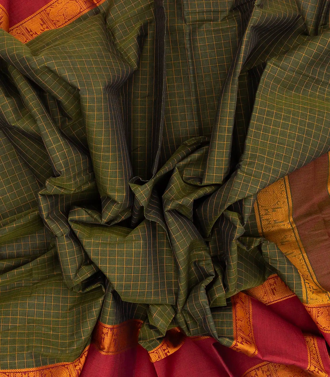 RmKV Green Handloom Kanchi Cotton Saree With Crimson Border - view 3