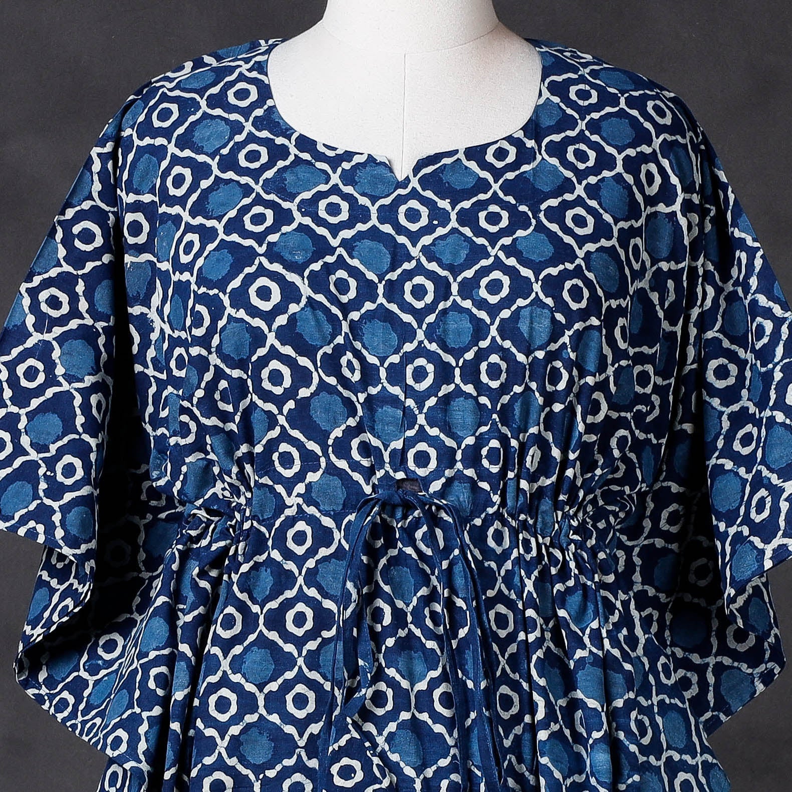 KACHCHH JI CHHAAP Blue - Hand Block Printed Cotton Kaftan with Tie-Up Waist (Long) - view 2