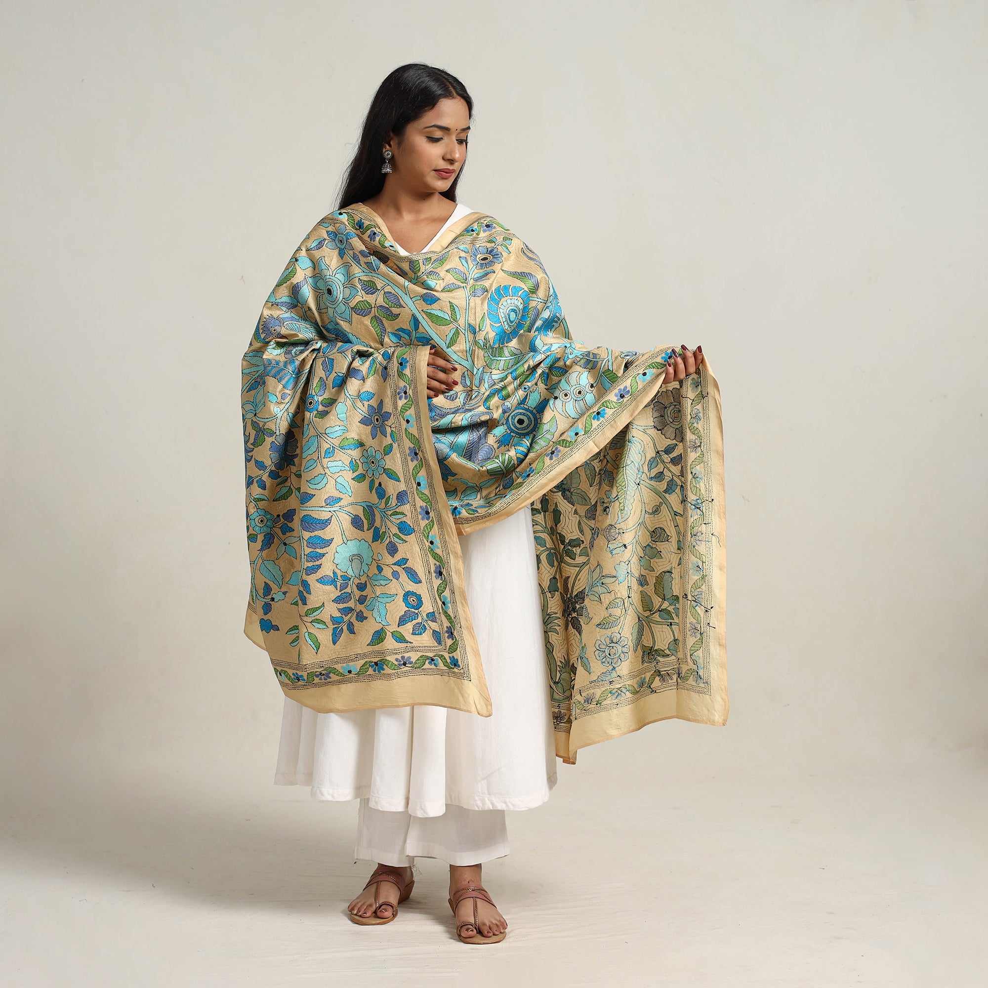 KHUSHBASH - HAPPY LOOM OF EAST Blue - Bengal Handloom Silk Kantha Embroidery Dupatta 16 - view 2