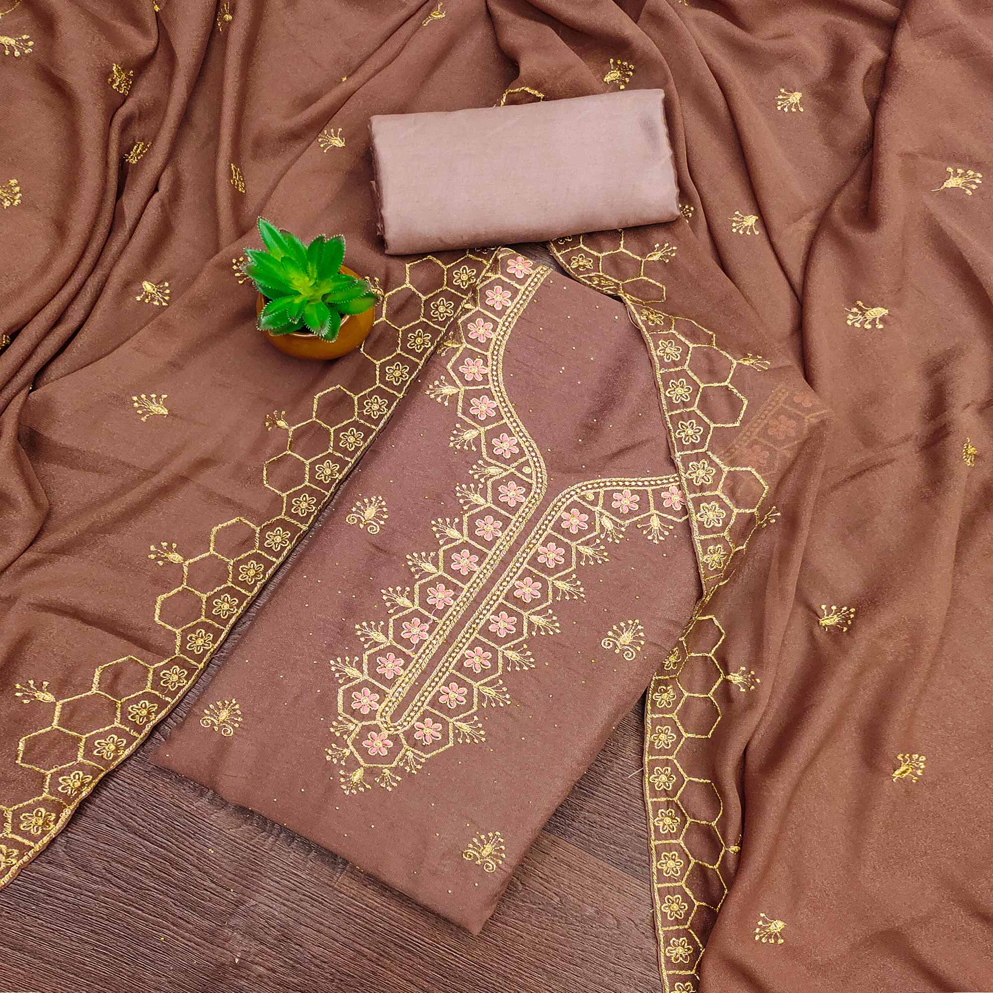 Peachmode Brown Floral Embroidered Georgette Dress Material