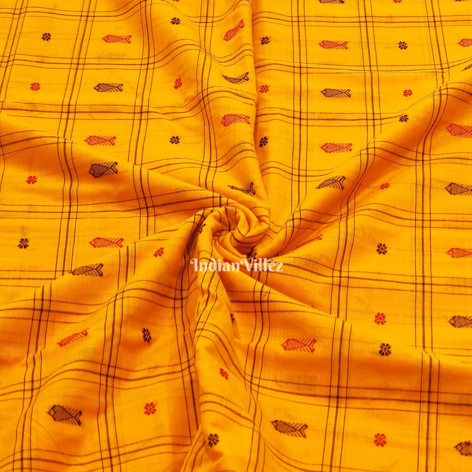 IndianVillèz Yellow Fish & Flower Motif Odisha Ikat Bomkai Cotton Fabric - view 2