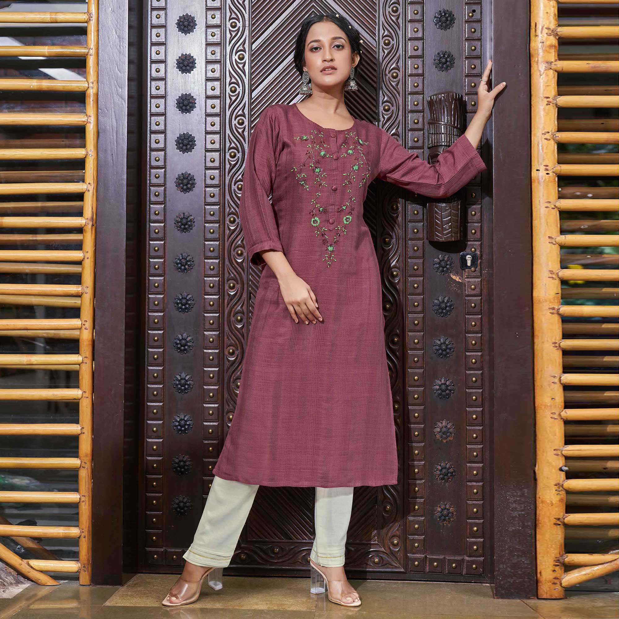 Peachmode Seller Dark Mauve Floral Embroidered Rayon Kurti - view 2
