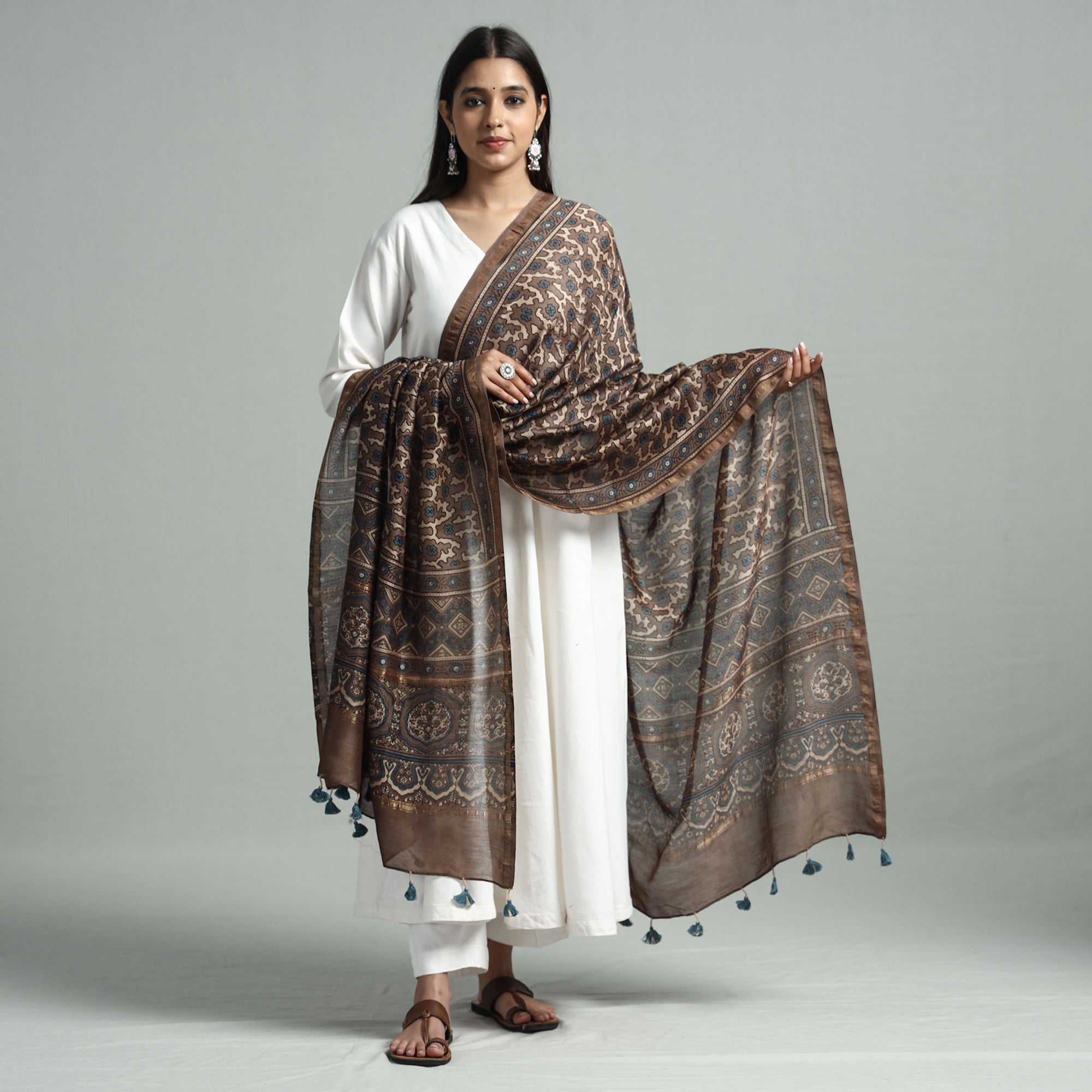 RIYAZ ABDULMAJID KHATRI - AJRAKH Brown - Hand Block Print Chanderi Silk Ajrakh Dupatta - view 2