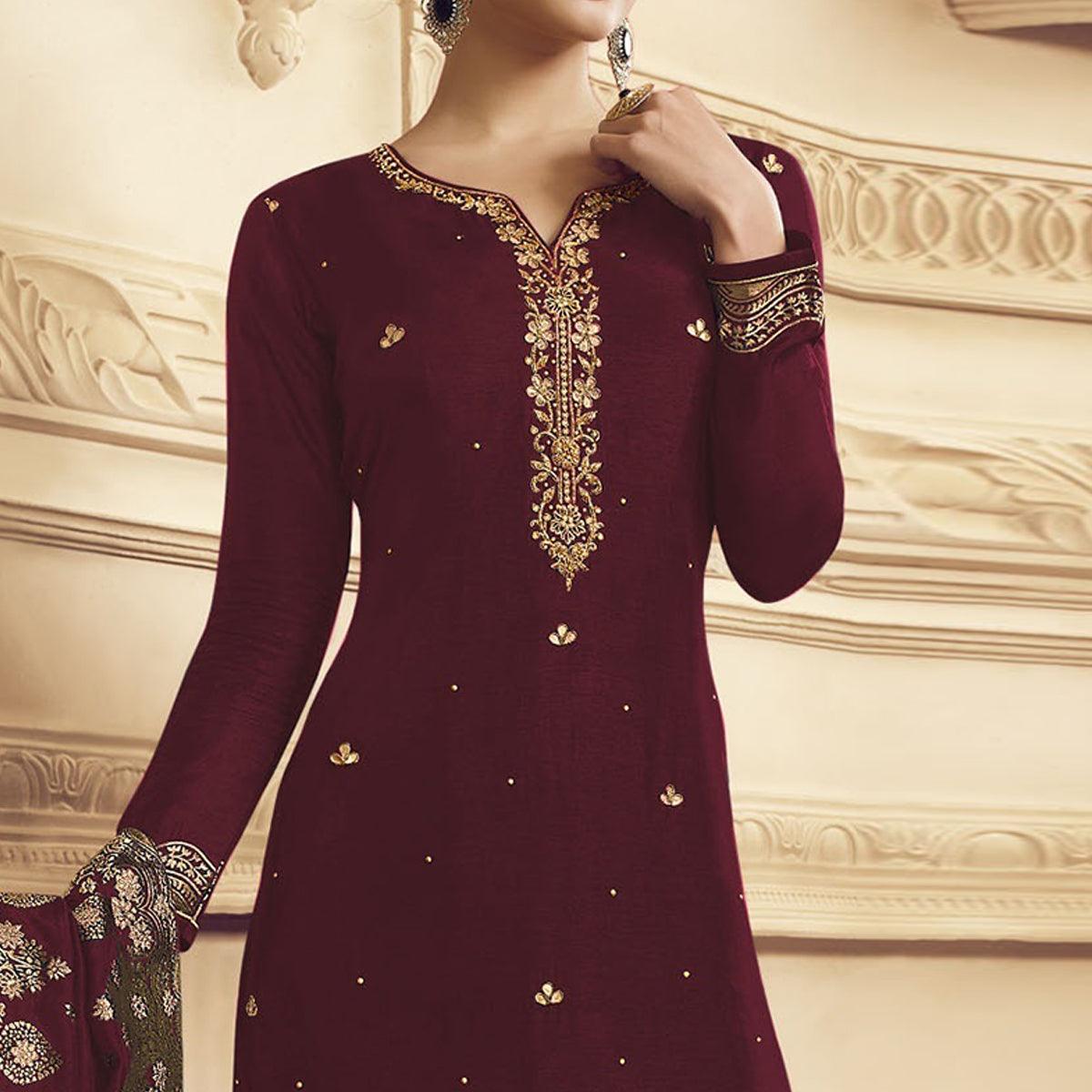 Peachmode Ethnic Maroon Colored Partywear Embroidered Crepe Straight Suit - view 2
