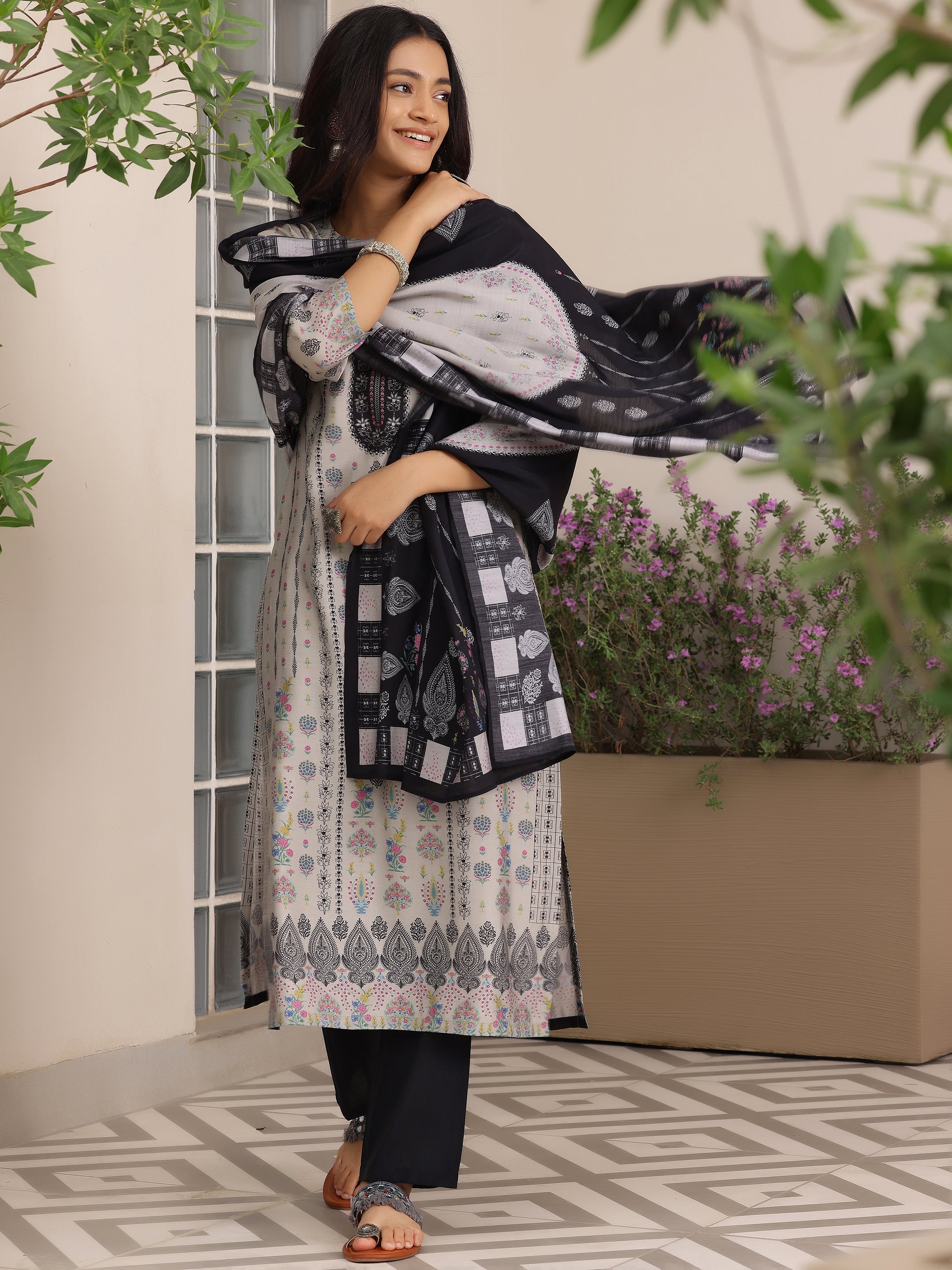 Libas Grey Printed Silk Blend Straight Suit With Dupatta