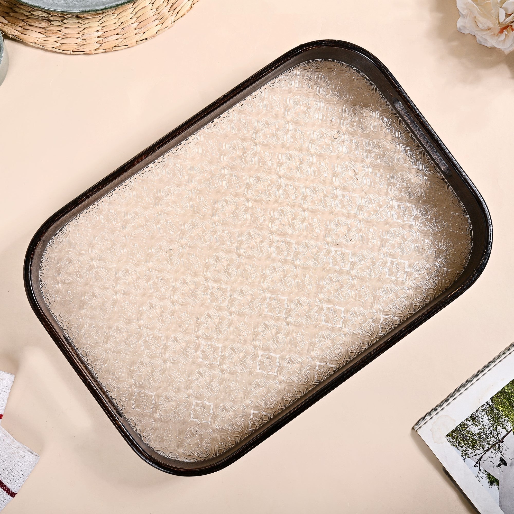 Nestasia Embossed Serving Tray With Bamboo Wood Frame - view 3