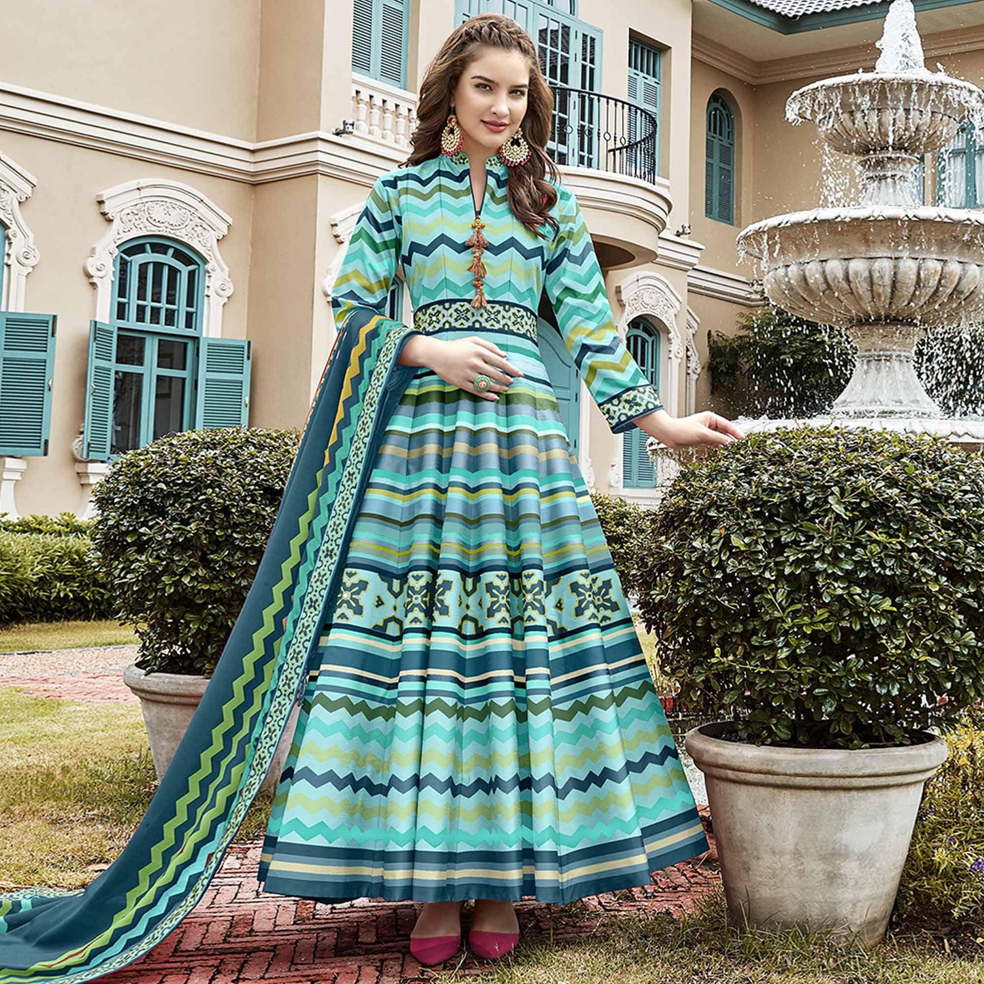 Peachmode Seller Designer Sky Blue Digital Patola Printed Heavy Pure Killer Silk Anarkali Suit