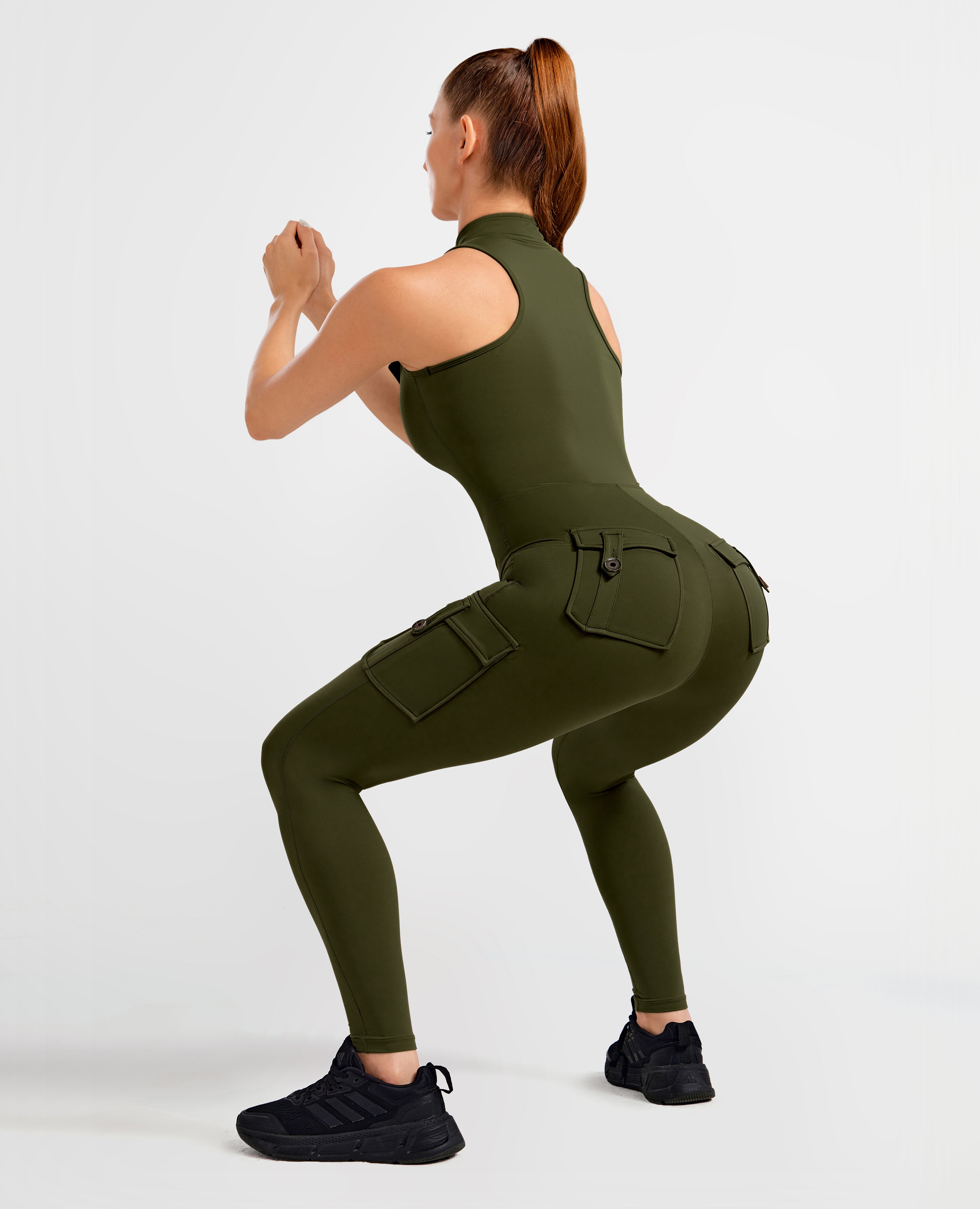 FIRM ABS Cargo Pocket Long Bodysuit - Dark Olive Green - view 11