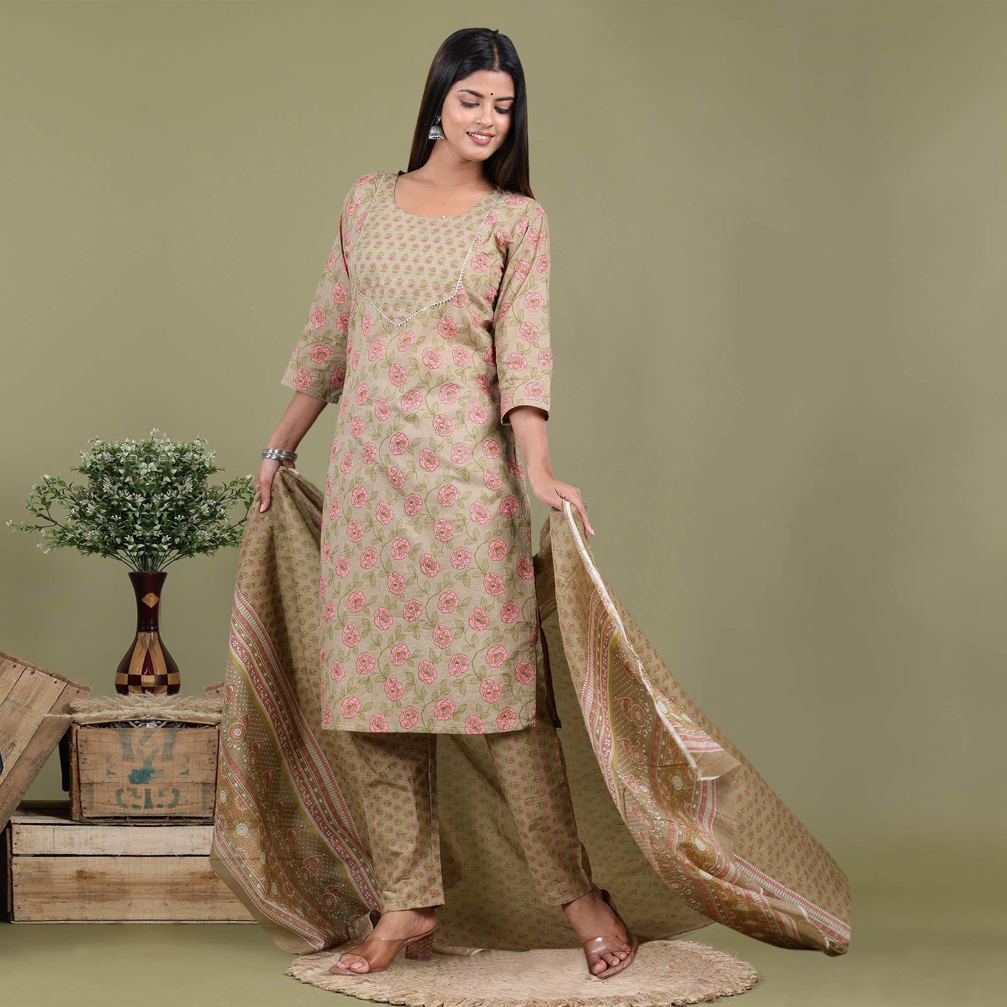 Peachmode Seller Light Brown Floral Printed Pure Cotton Suit - view 2