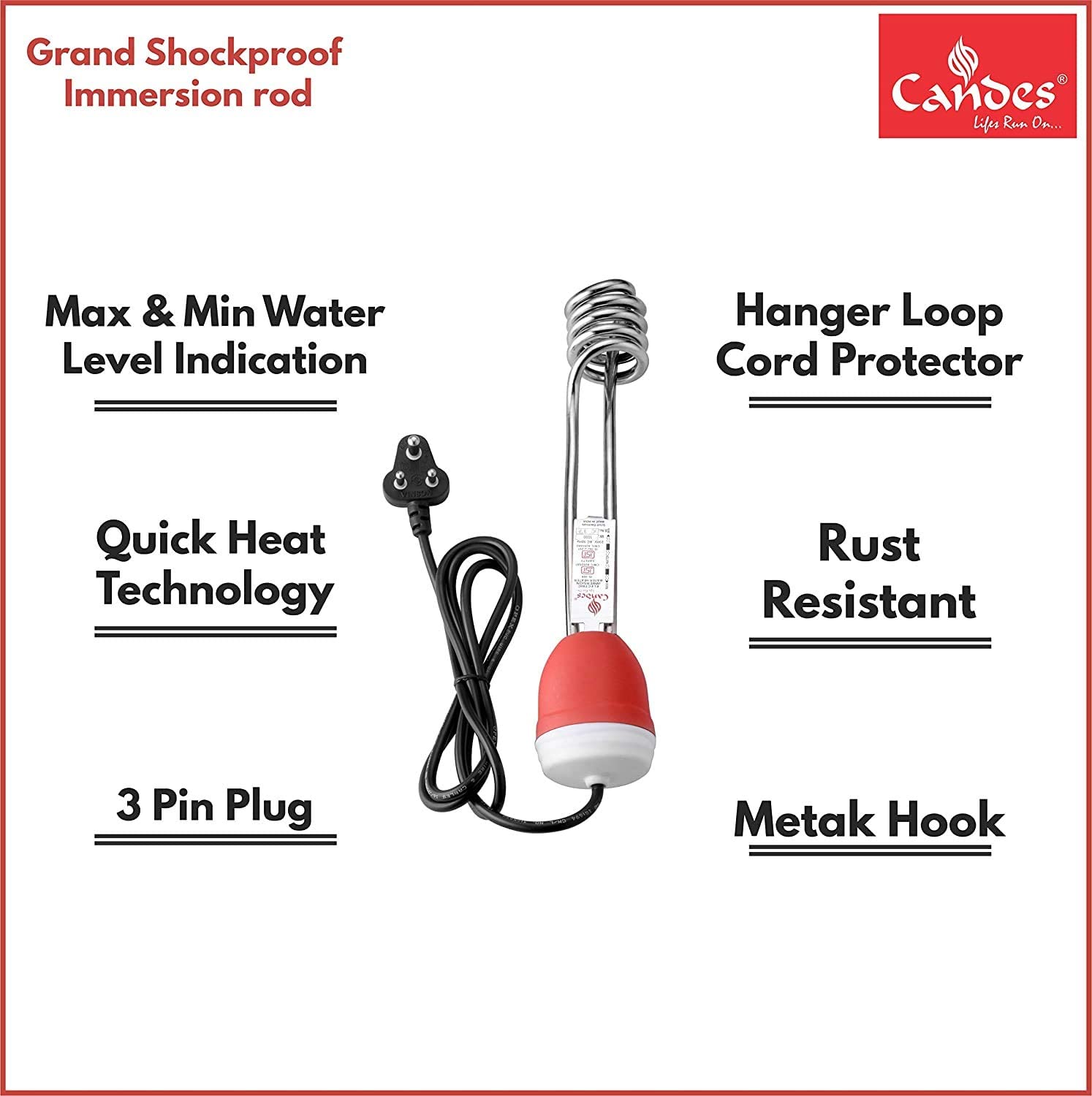 Candes Grand ISI Mark Shock-Proof & Water-Proof 2000W Shock Proof Immersion Heater Rod (Red, White) Pack of 2 - view 2