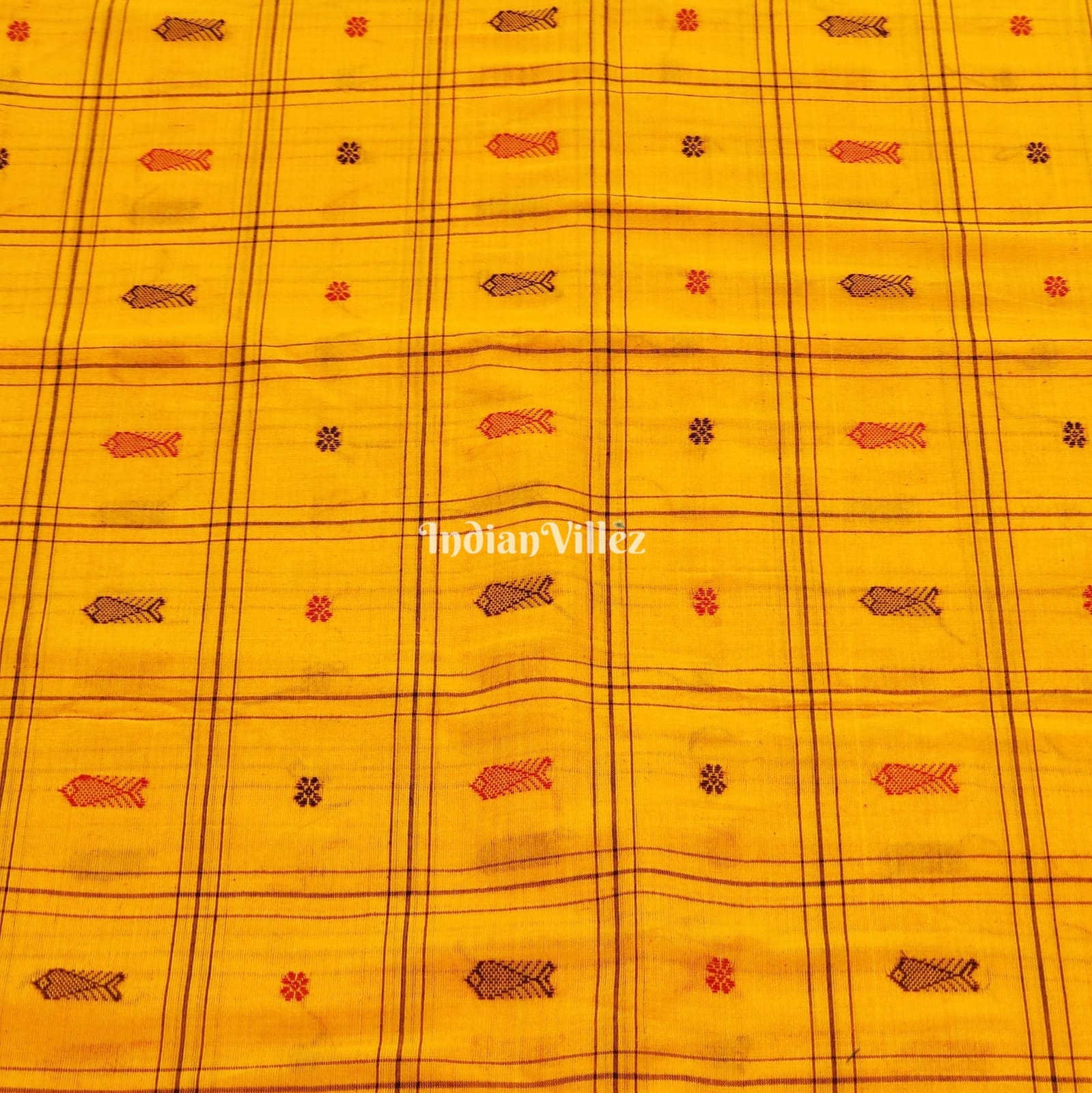 IndianVillèz Yellow Fish & Flower Motif Odisha Ikat Bomkai Cotton Fabric