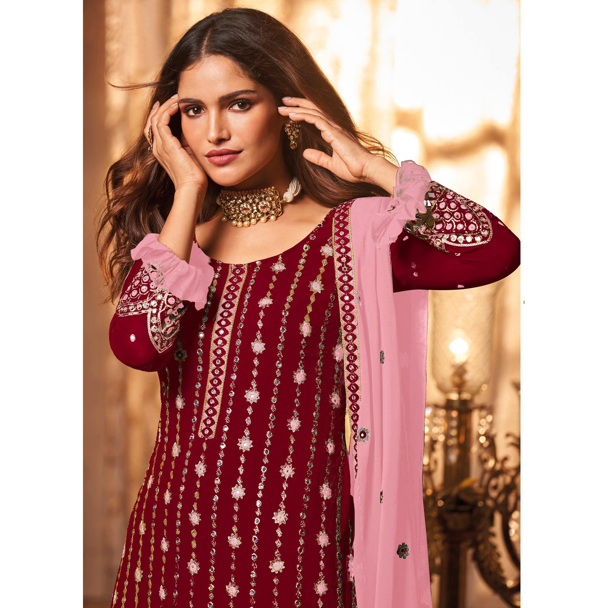 Peachmode Maroon Partywear Sequins Embroidered Georgette Palazzo Suit - view 3