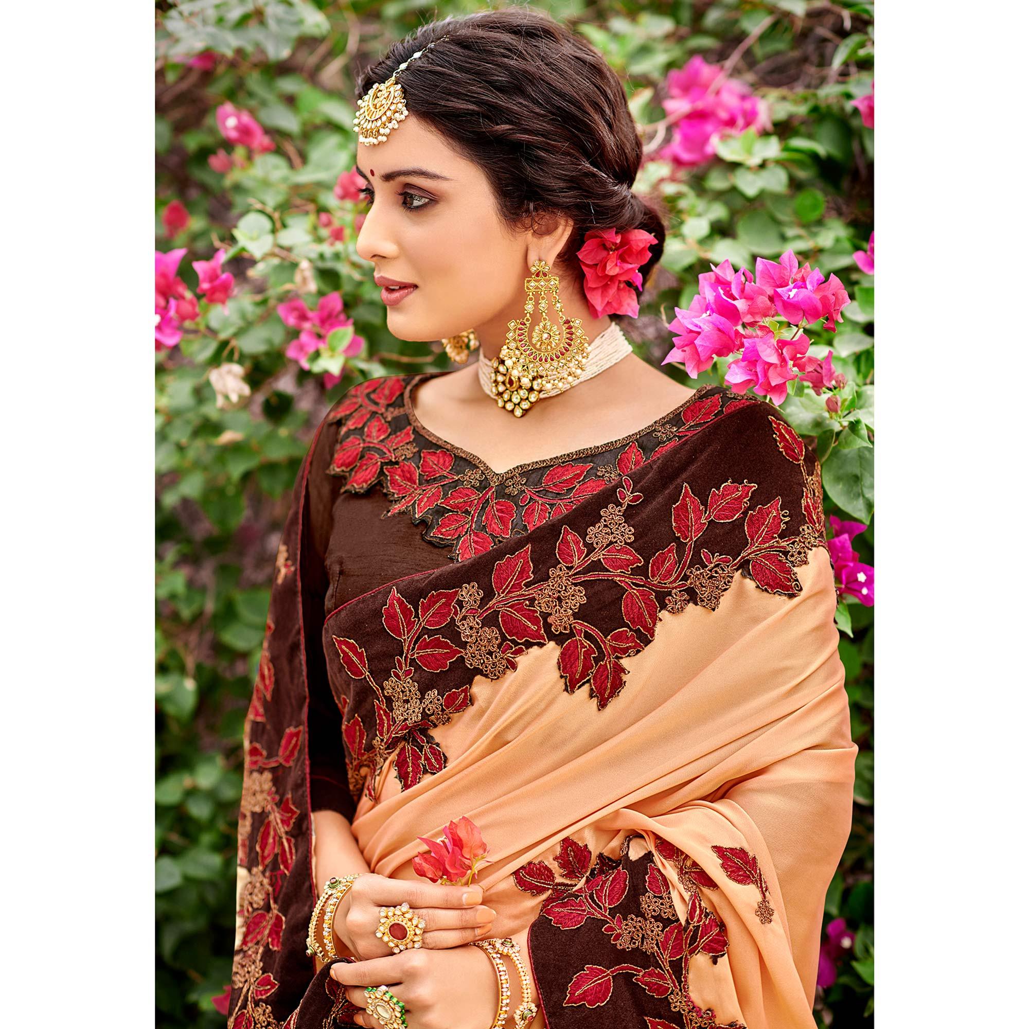 Peachmode Captivating Peach Colored Party Wear Embroidered Satin-Georegtte Saree - view 3