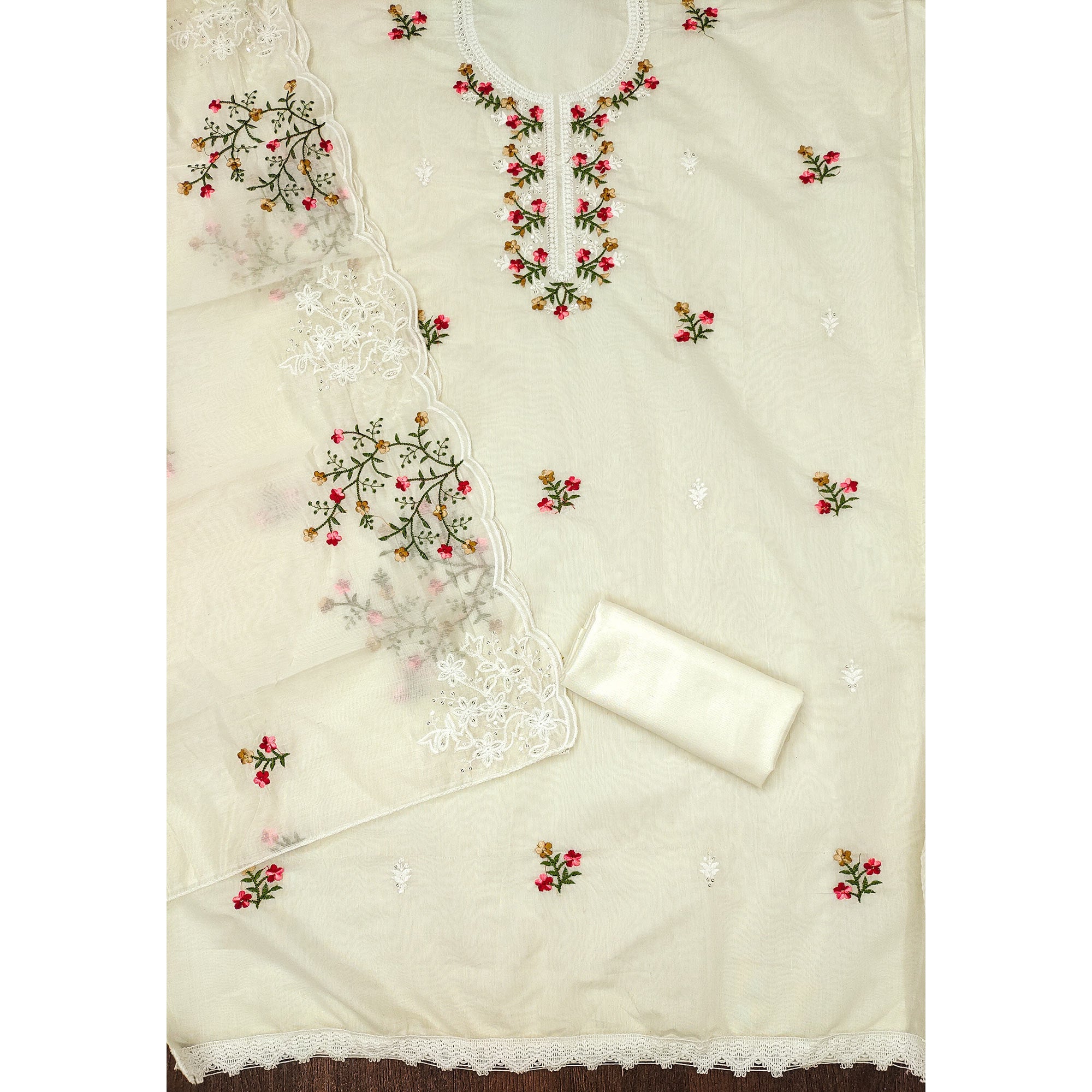 Peachmode Cream Floral Embroidered Chanderi Cotton Dress Material - view 4
