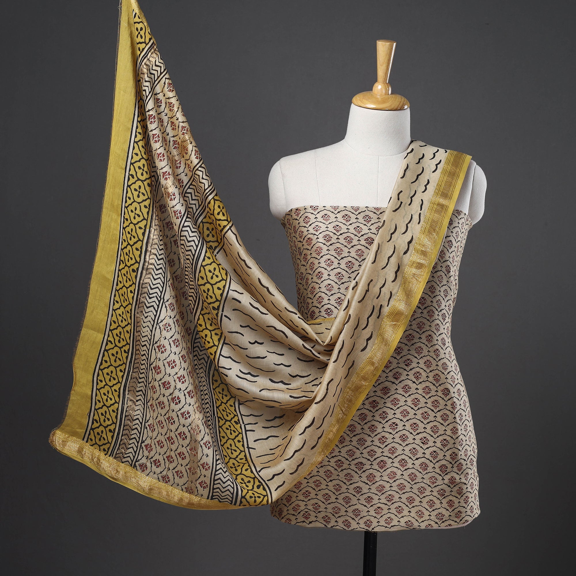 ARTISAN HAND BLOCK PRINTS Beige - 3pc Maheshwari Silk Bagru Print Dress Material 01
