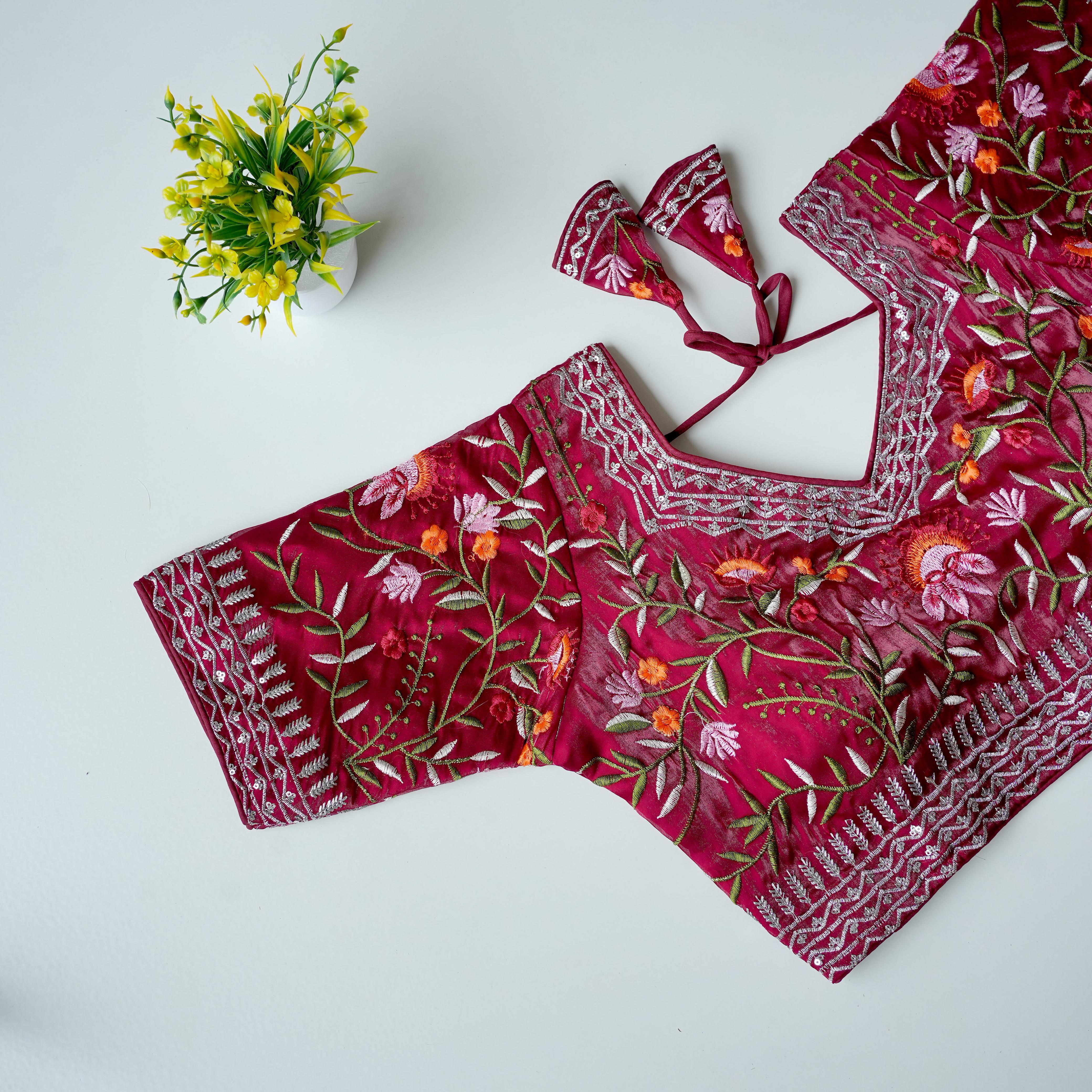 ClothsVilla Maroon Multi-Color Embroidered Jimmy Choo Silk Blouse