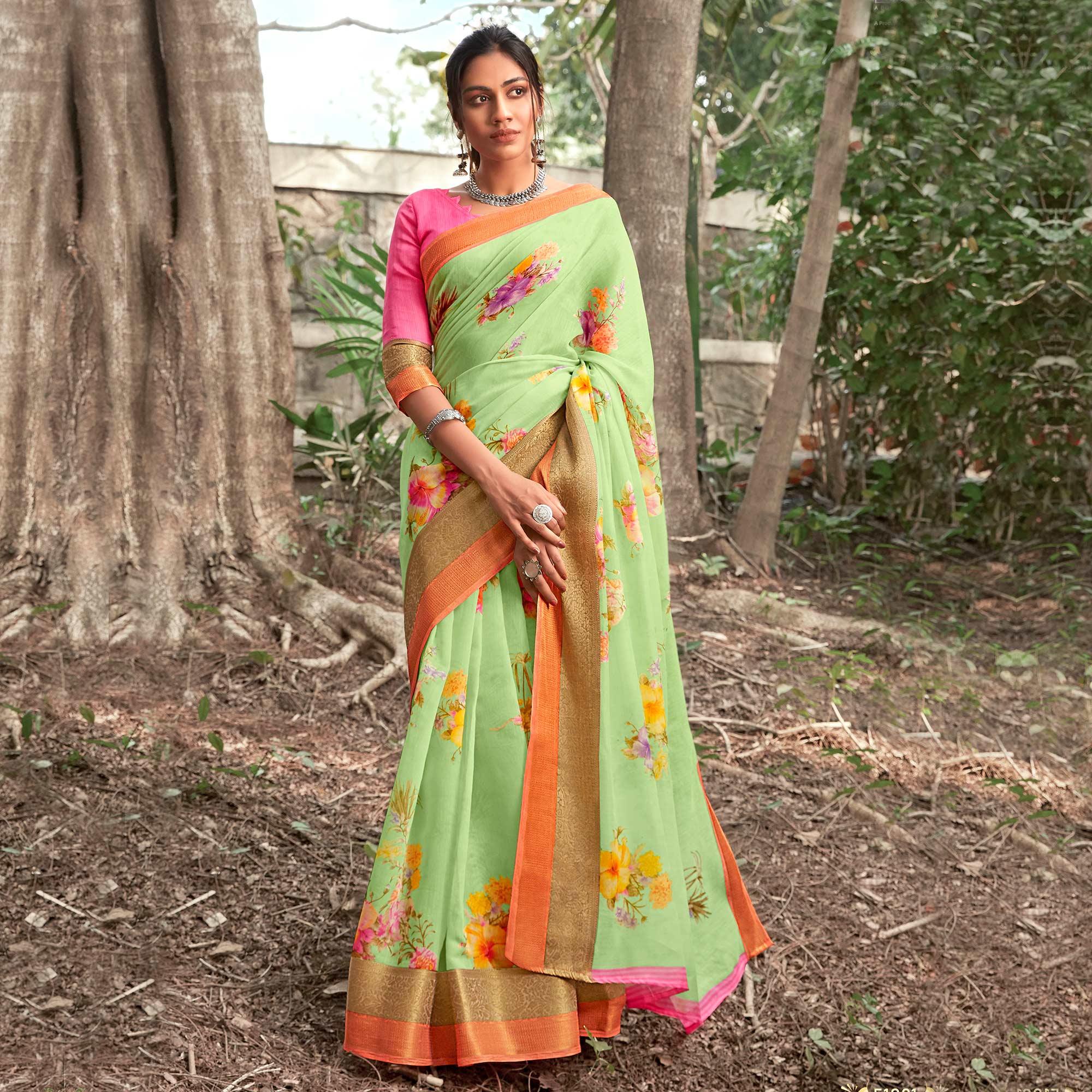 Peachmode Intricate Pista Green Colored Partywear Floral Printed Linen Silk Saree