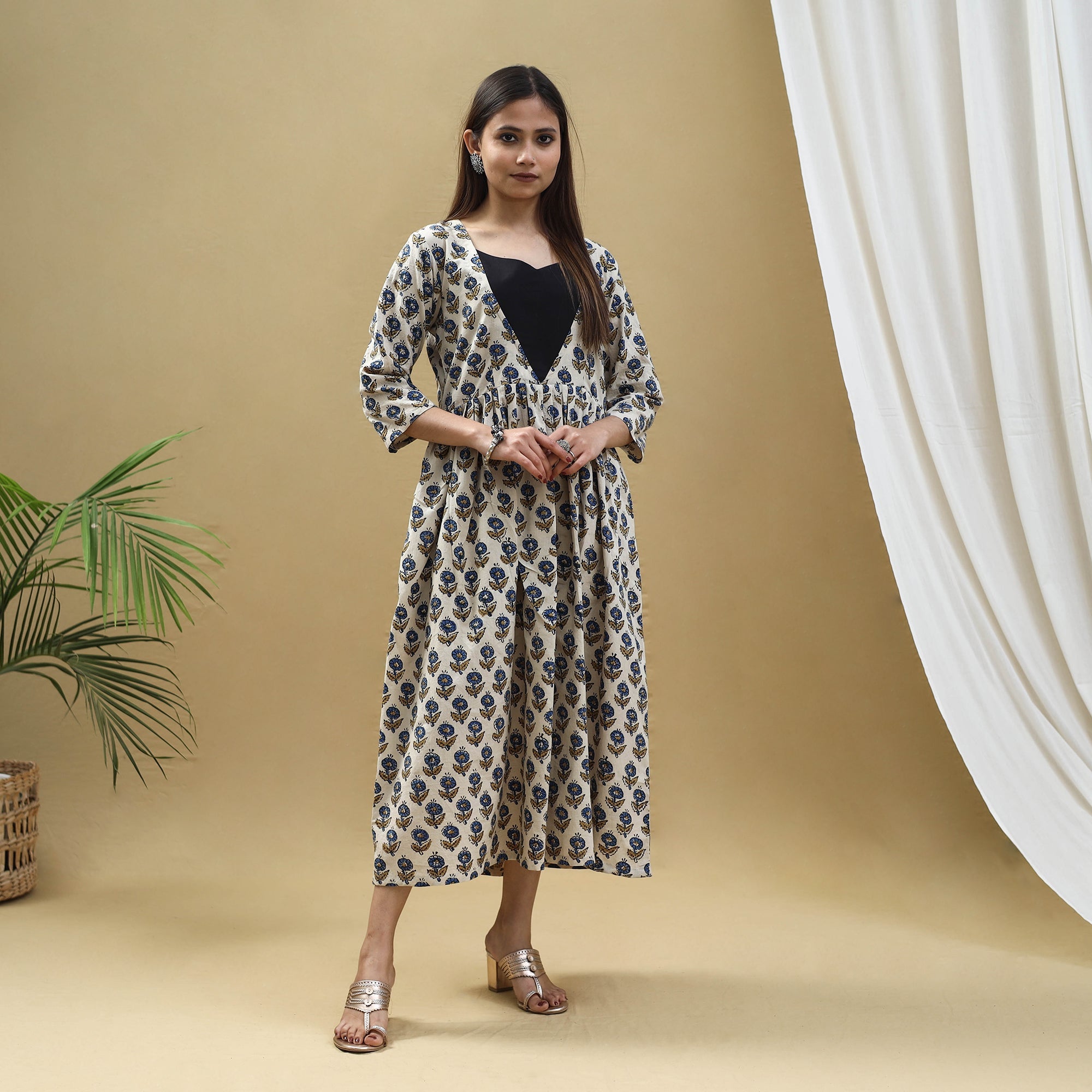 ITOKRI CASUALS Beige - Block Print Cotton Flared Ajrakh Dress 09