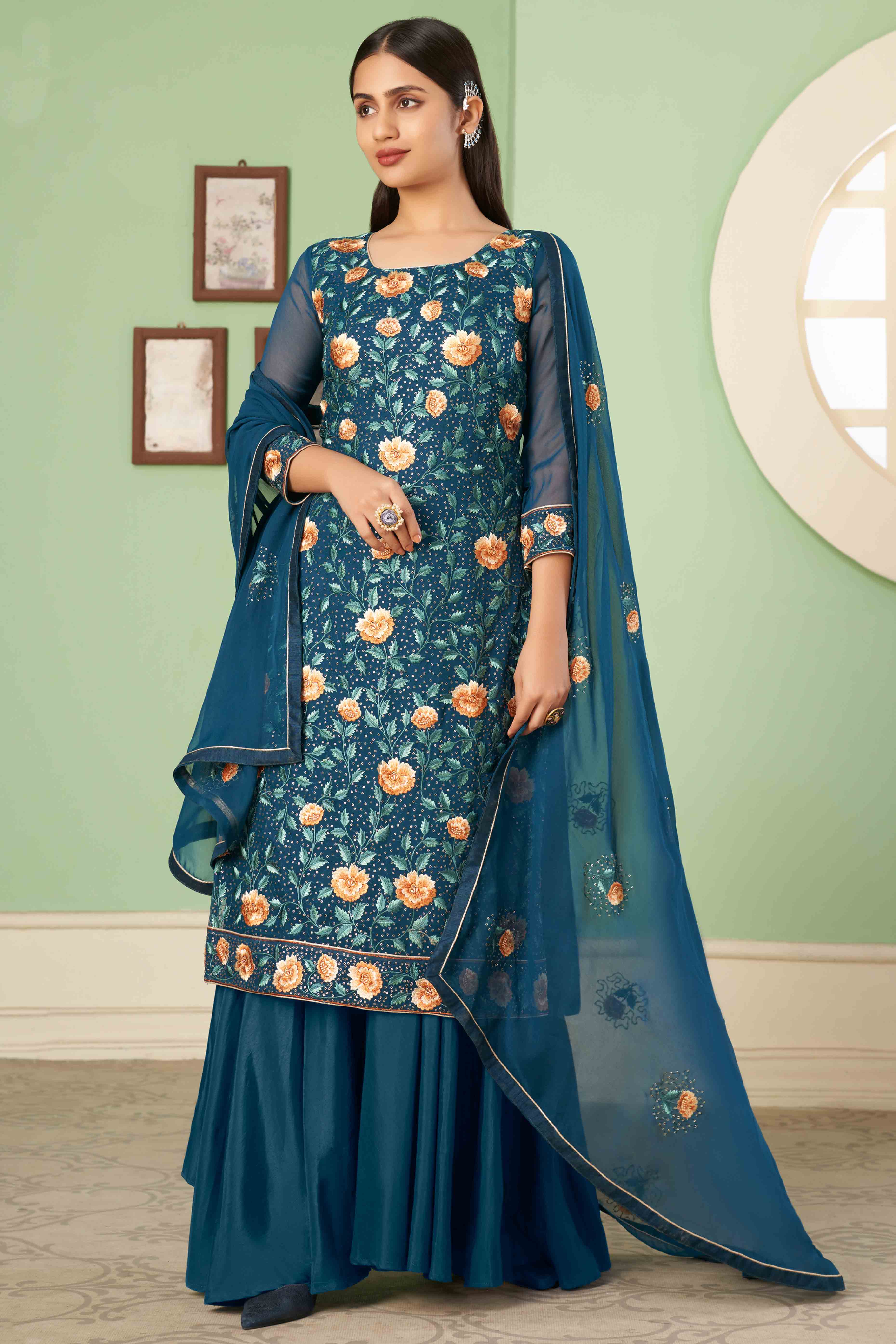 Peachmode Seller Morpich Blue Floral Sequins Embroidered Georgette Semi Stitched Suit