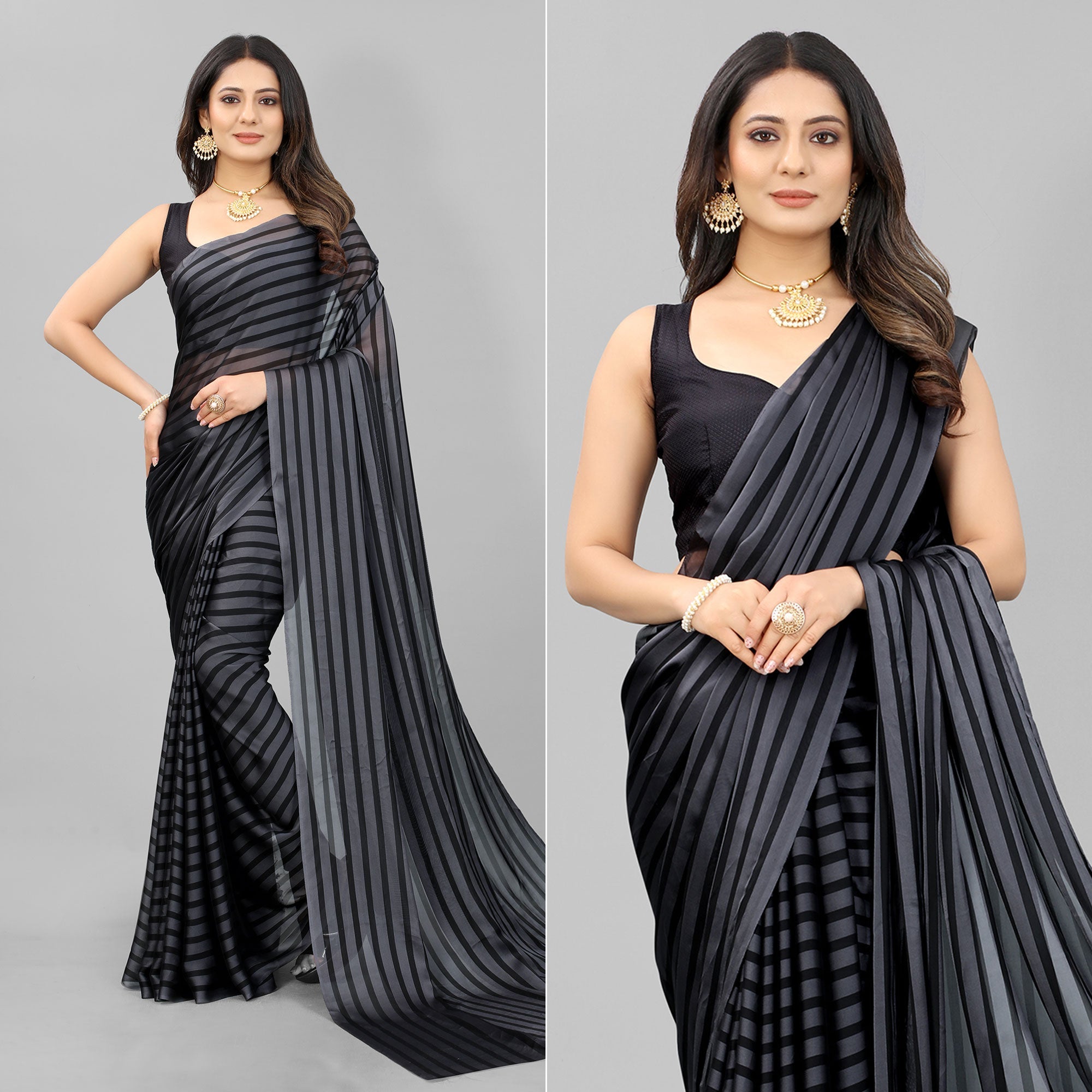 Peachmode Grey Striped Printed Art Silk Saree
