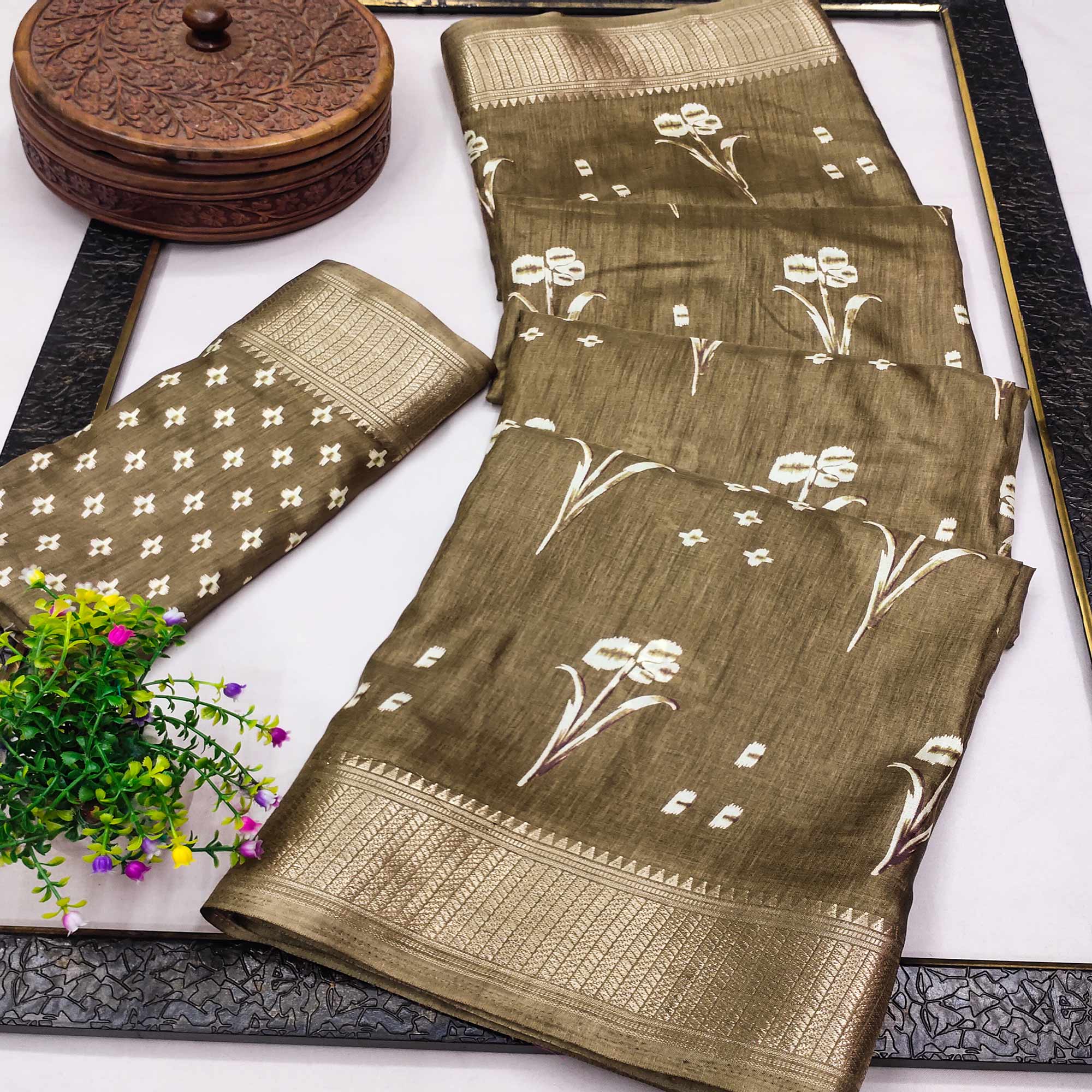 Peachmode Mehandi Green Floral Printed Dola Silk Saree