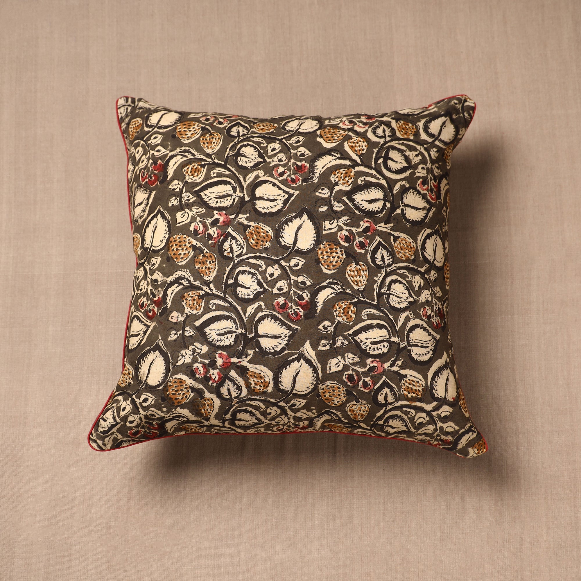 NOORI BAZAR Brown - Block Print Cotton Kalamkari Cushion Cover (16 x 16 in)