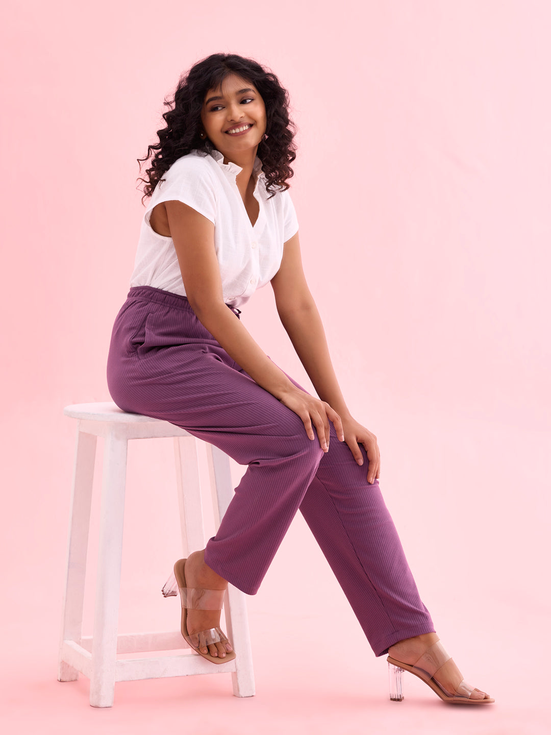 Go Colors Women Solid Purple Mid Rise Casual Rib Pants - view 4