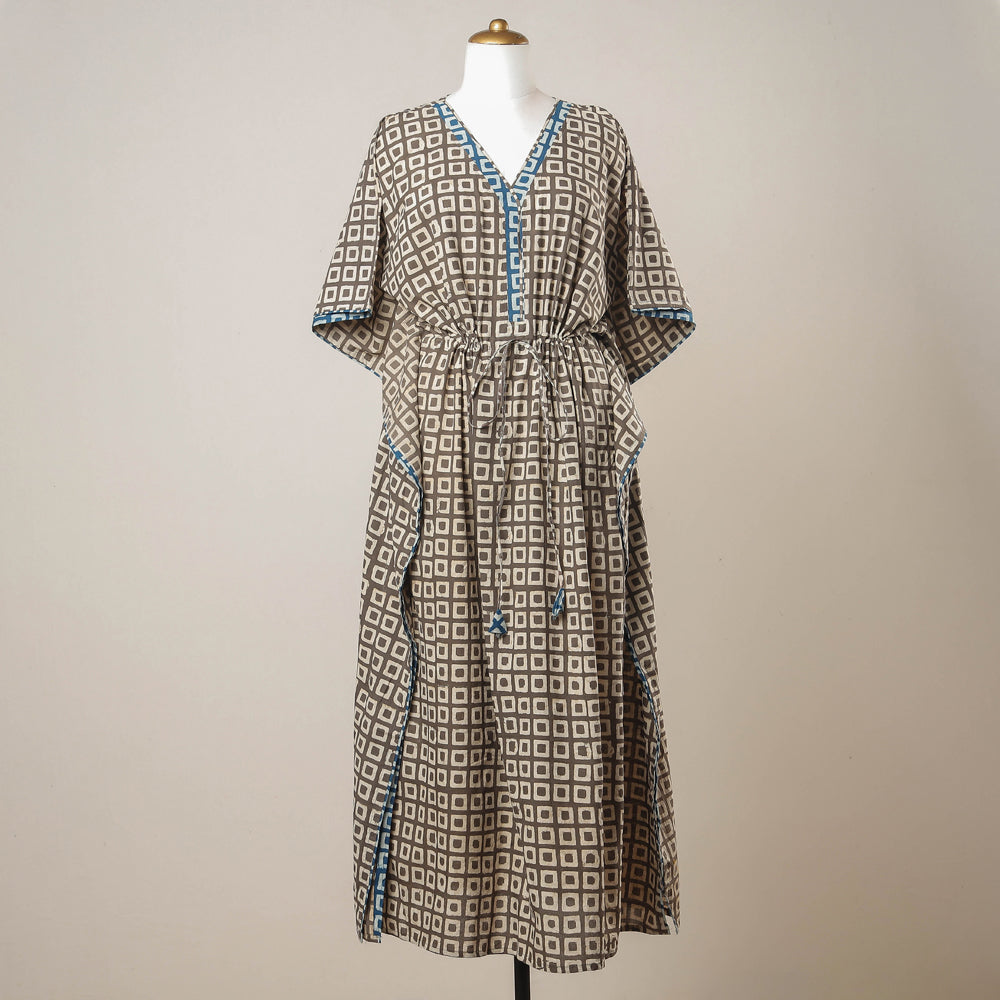 THE SAFFRON SAGA Brown - Pipad Hand Block Printed Cotton Kaftan with Tie-Up Waist (Long)