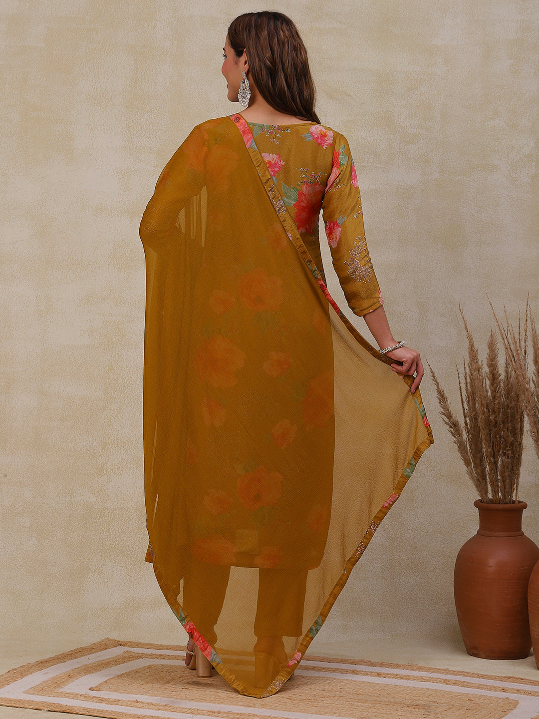 Fashor Floral Printed Zardozi Embroidered shimmer Kurta with Pants & Dupatta - Mustard - view 7