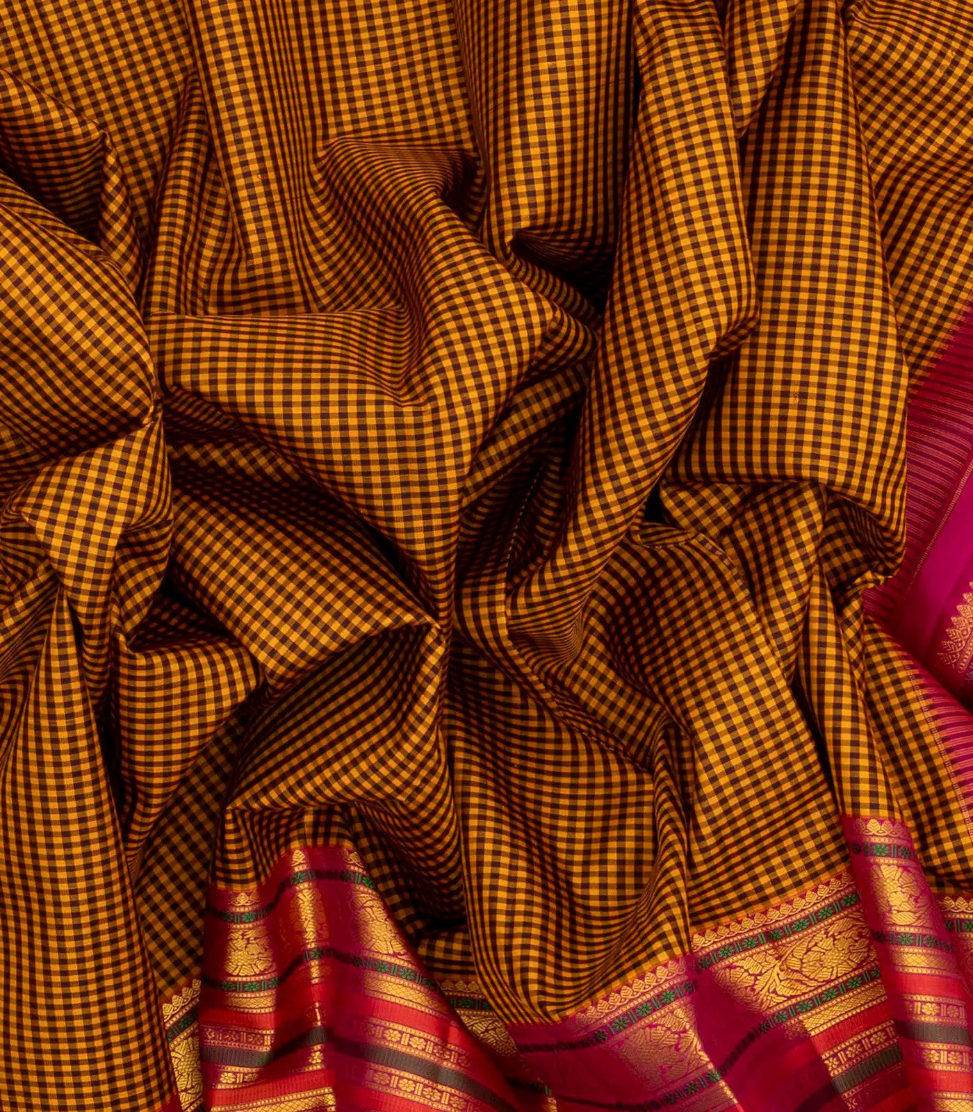 RmKV Mustard Handloom Kanchipuram Korvai Silk Saree With Checks - view 3