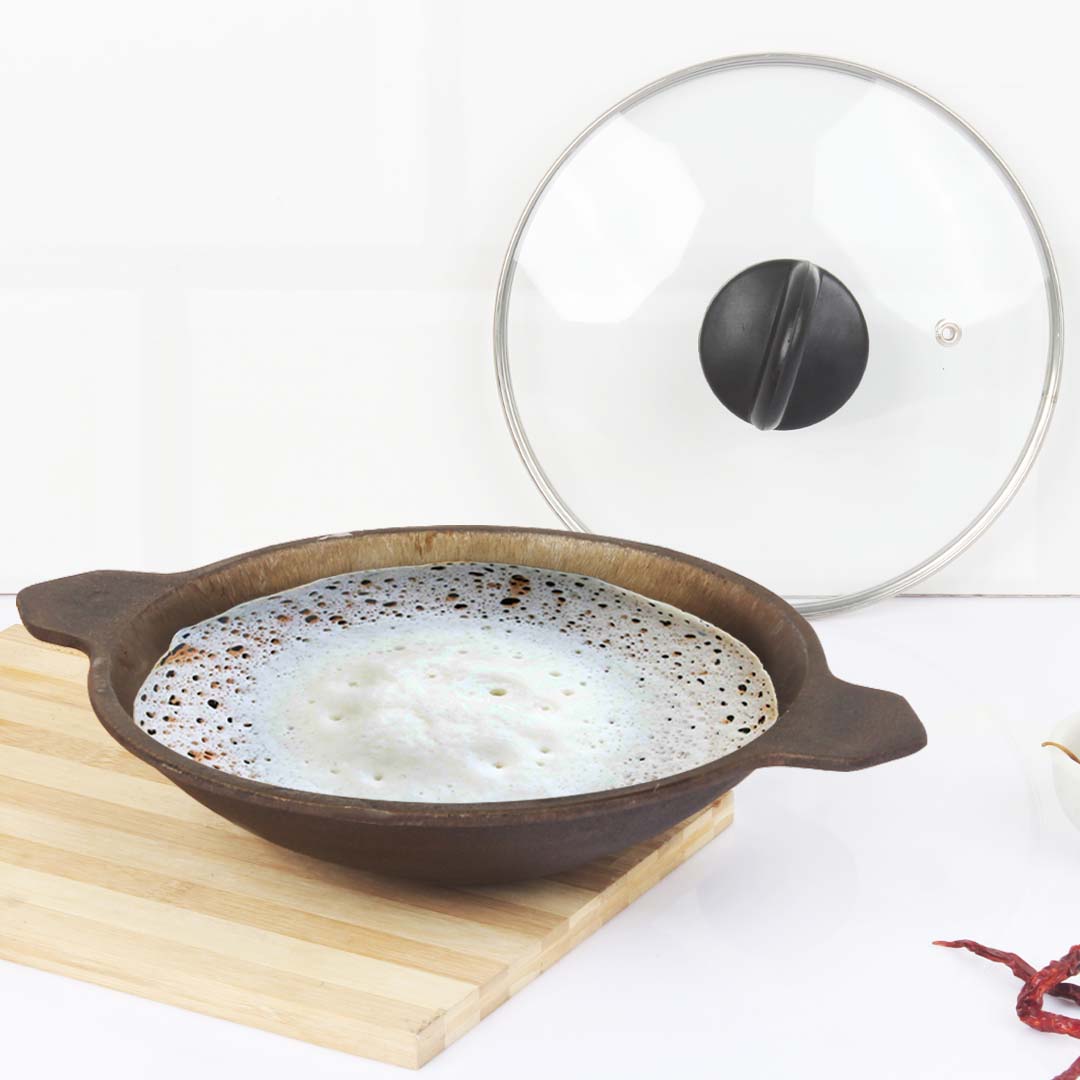 The Indus Valley Super Smooth Cast Iron Appam Pan/Appachetty, Glass Lid,Pre-seasoned, Nonstick, 100% Pure, Toxin-free, 22cm, 1.9kg