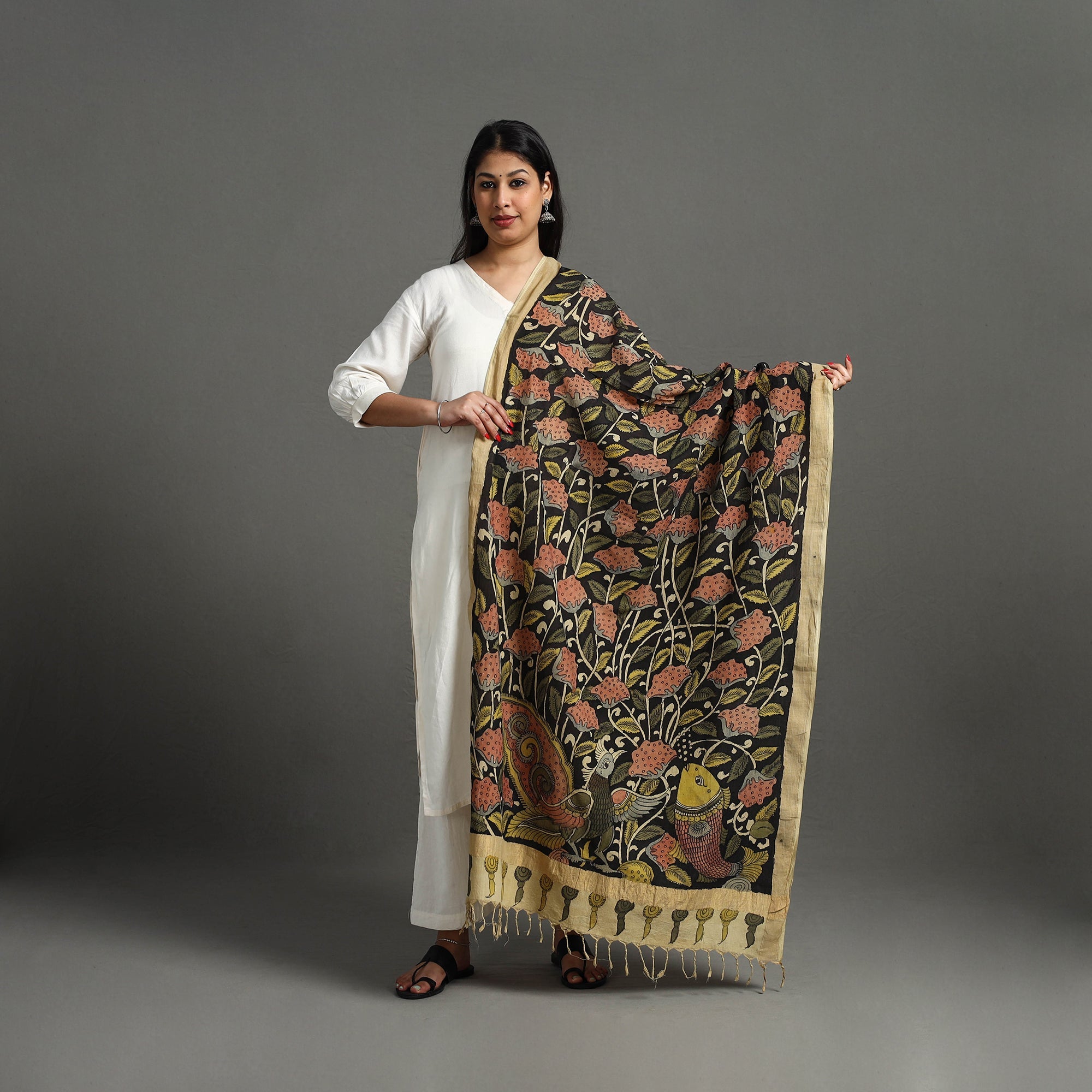 SOUTH KARGHA Black - Mangalagiri Cotton Handpainted Pen Work Kalamkari Dupatta 07