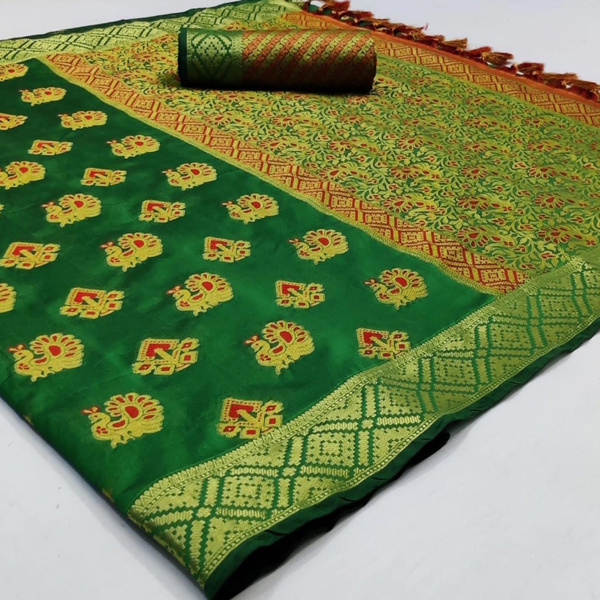 Peachmode Elegant Green Colored Festive Wear Woven Cotton Saree