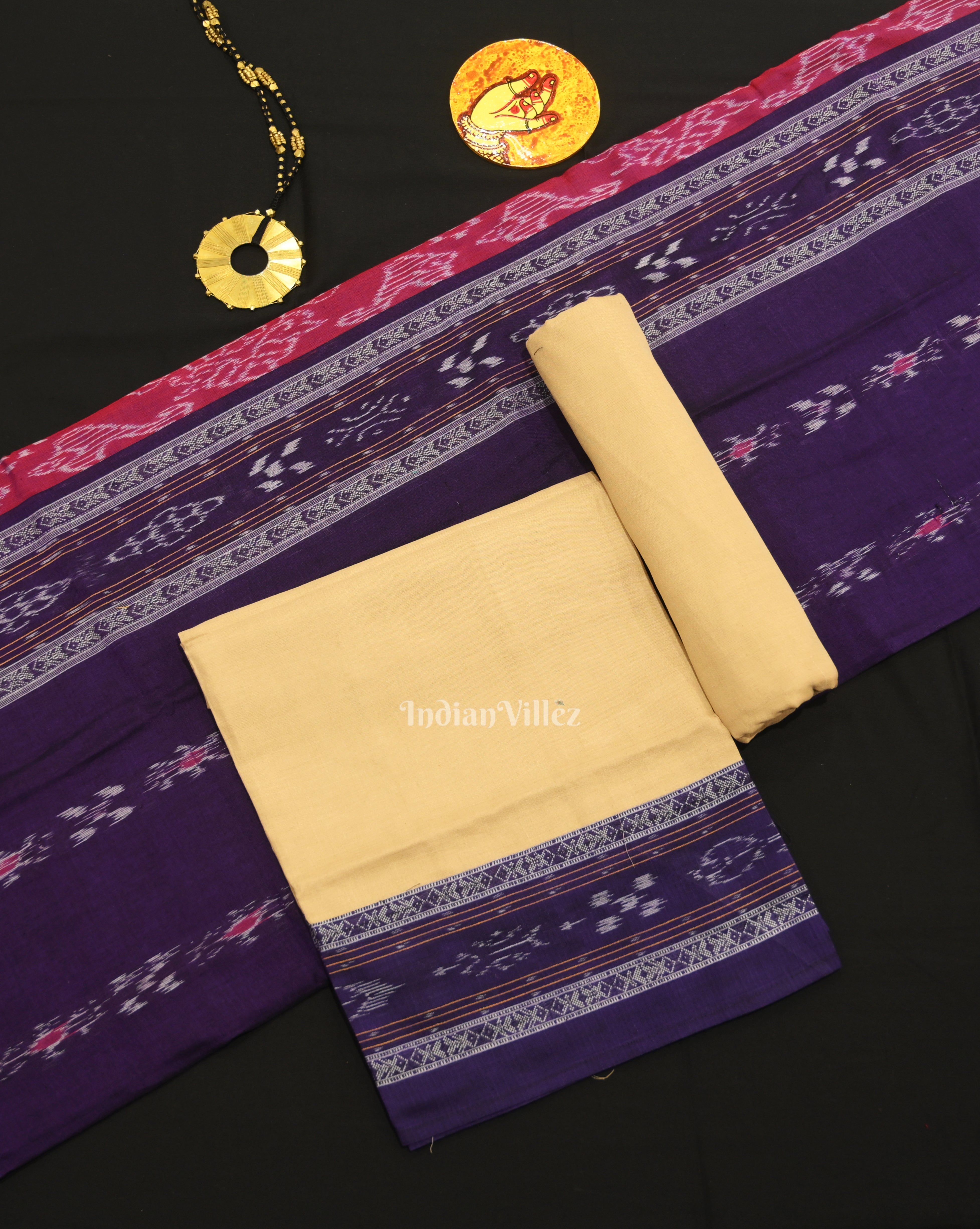 IndianVillèz Purple with Cream Pasapali Sambalpuri Cotton Dress set with Dupatta
