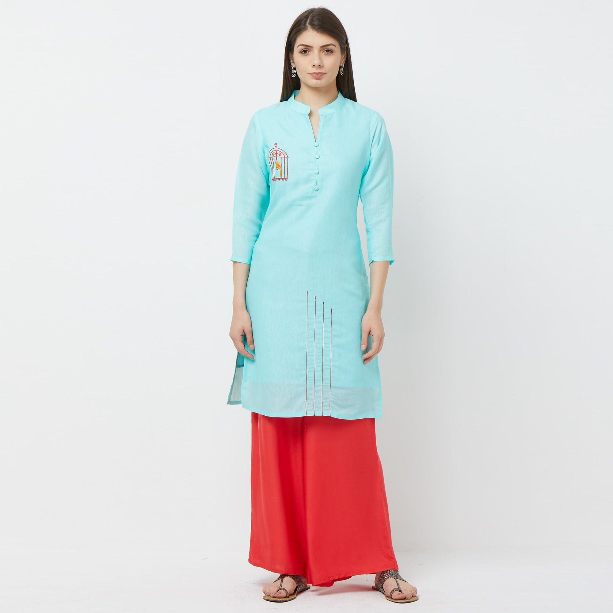 Peachmode Capricious Sky Blue Colored Casual Embroidered Cotton Kurti