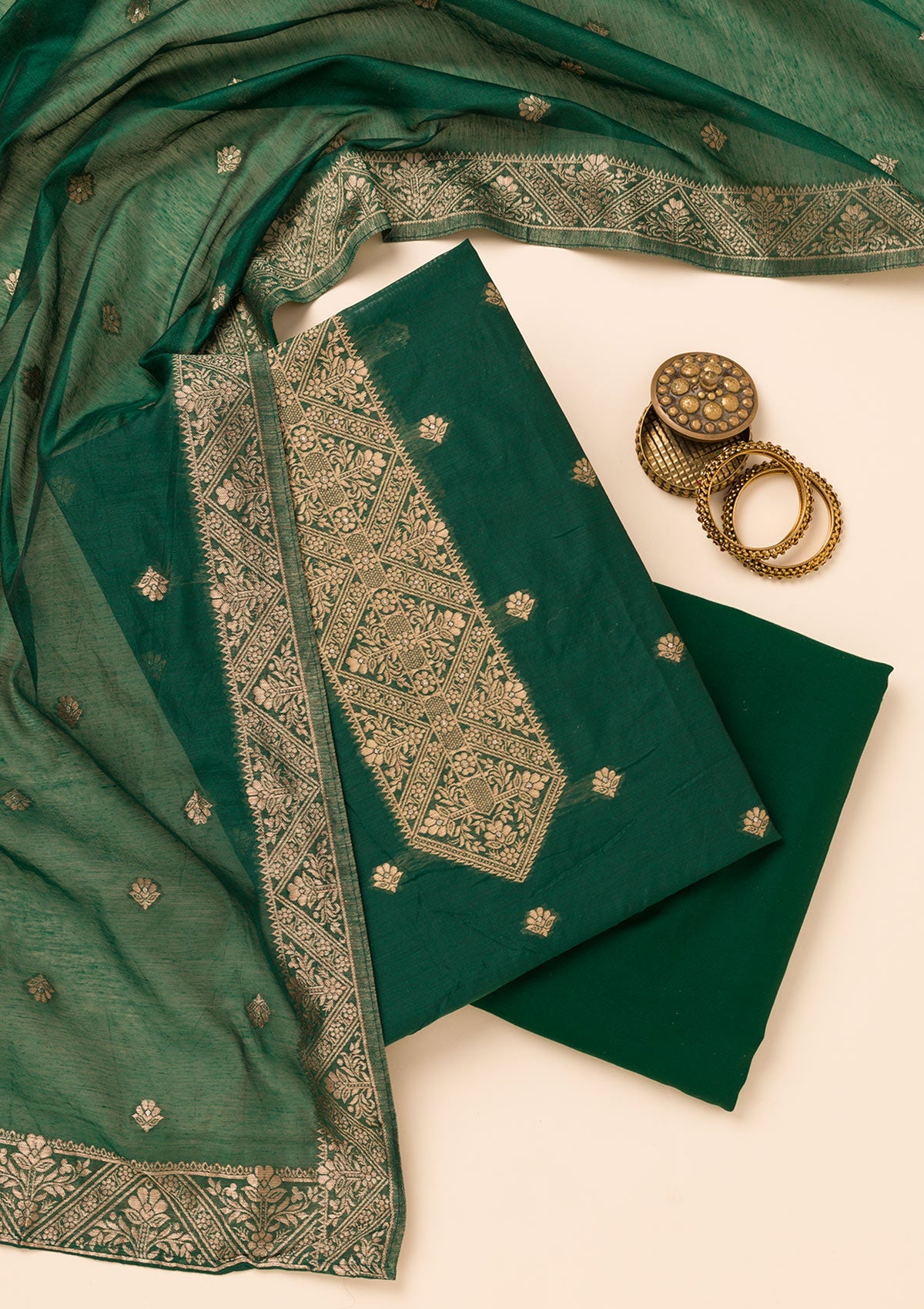 Koskii Bottle Green Zariwork Soft Silk Unstitched Salwar Suit