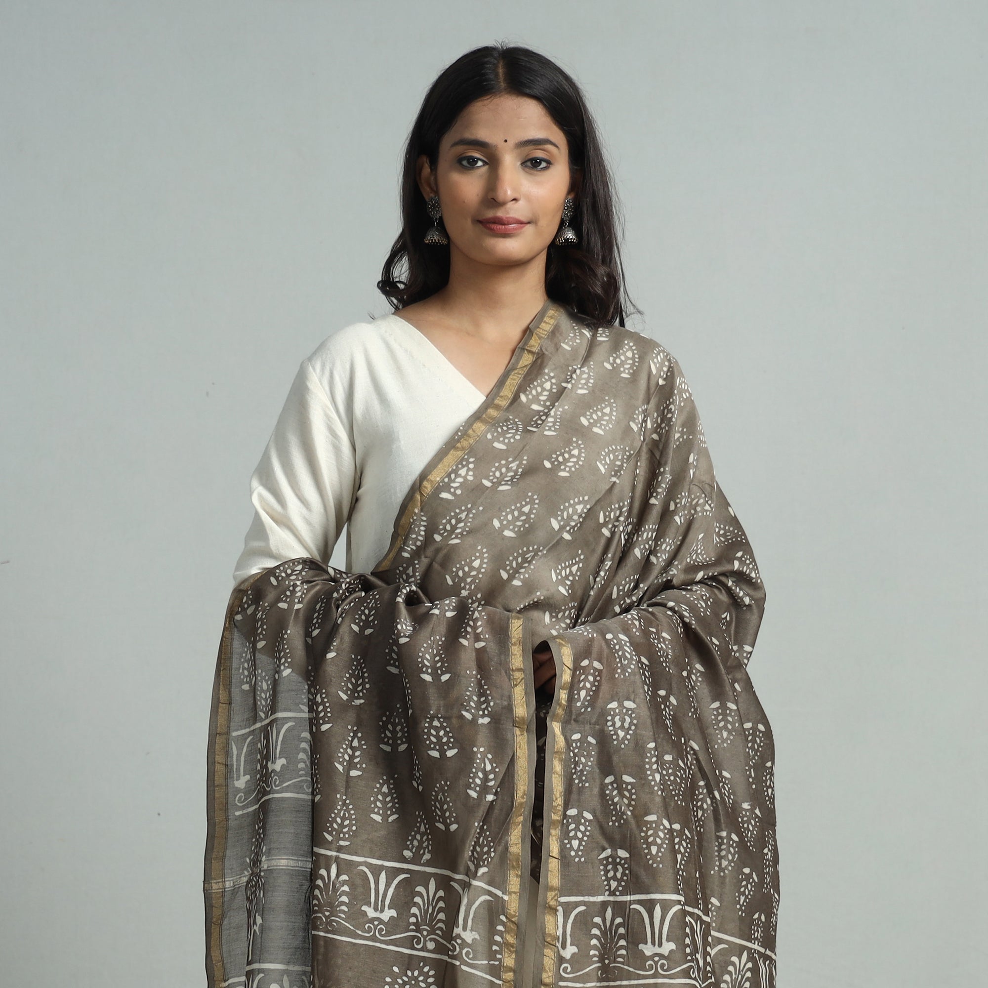 HAVELI CHRONICLES Brown - Pipad Block Printed Handloom Chanderi Silk Dupatta 77 - view 3
