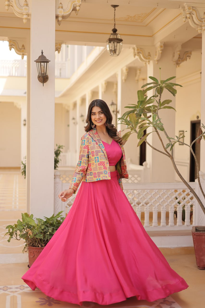 Clothsvilla Pink Chinnon Lehenga Set with Sleeveless Blouse and Jacquard Koti - view 2