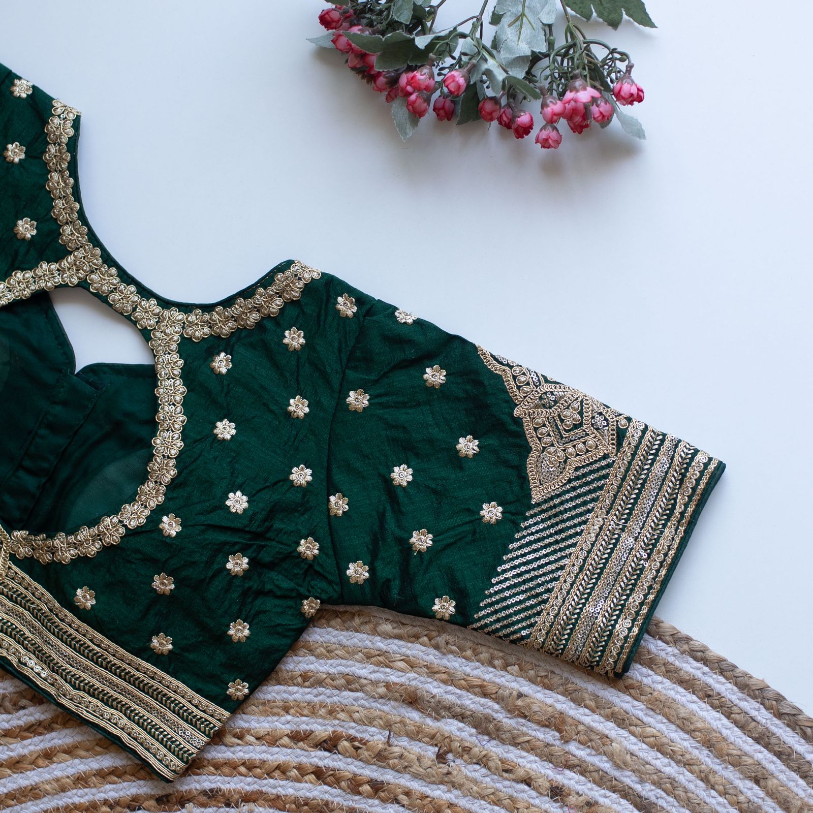 ClothsVilla Dark Green Golden Embroidered Blouse with Sequins – Caterpillar Silk Elegance - view 2