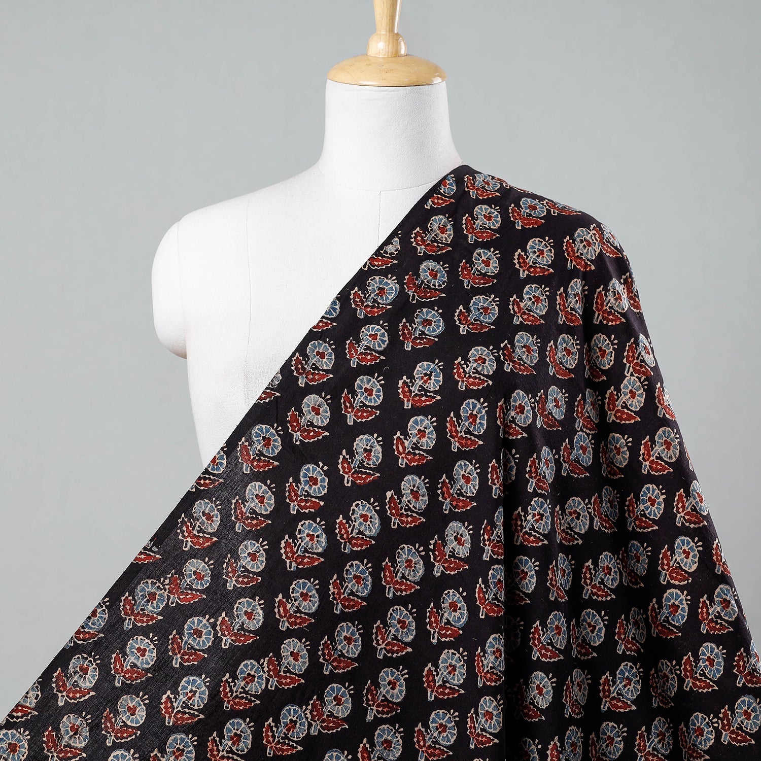 KACHCHH JI CHHAAP Black - Floral Butta Black Ajrakh Hand Block Printed Cotton Fabric