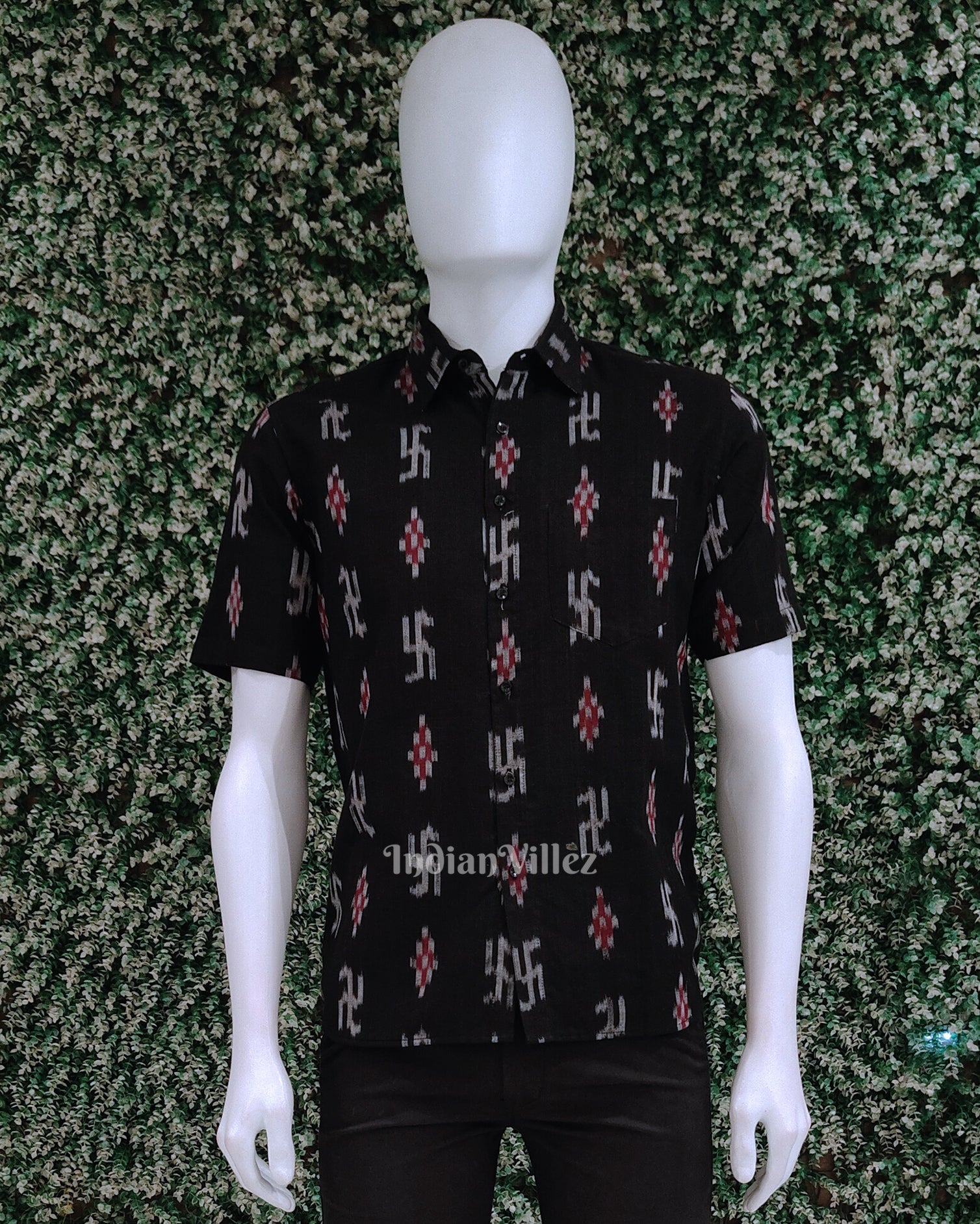 IndianVillèz Black Swastik Odisha Ikat Cotton Half Sleeve Shirt for Men