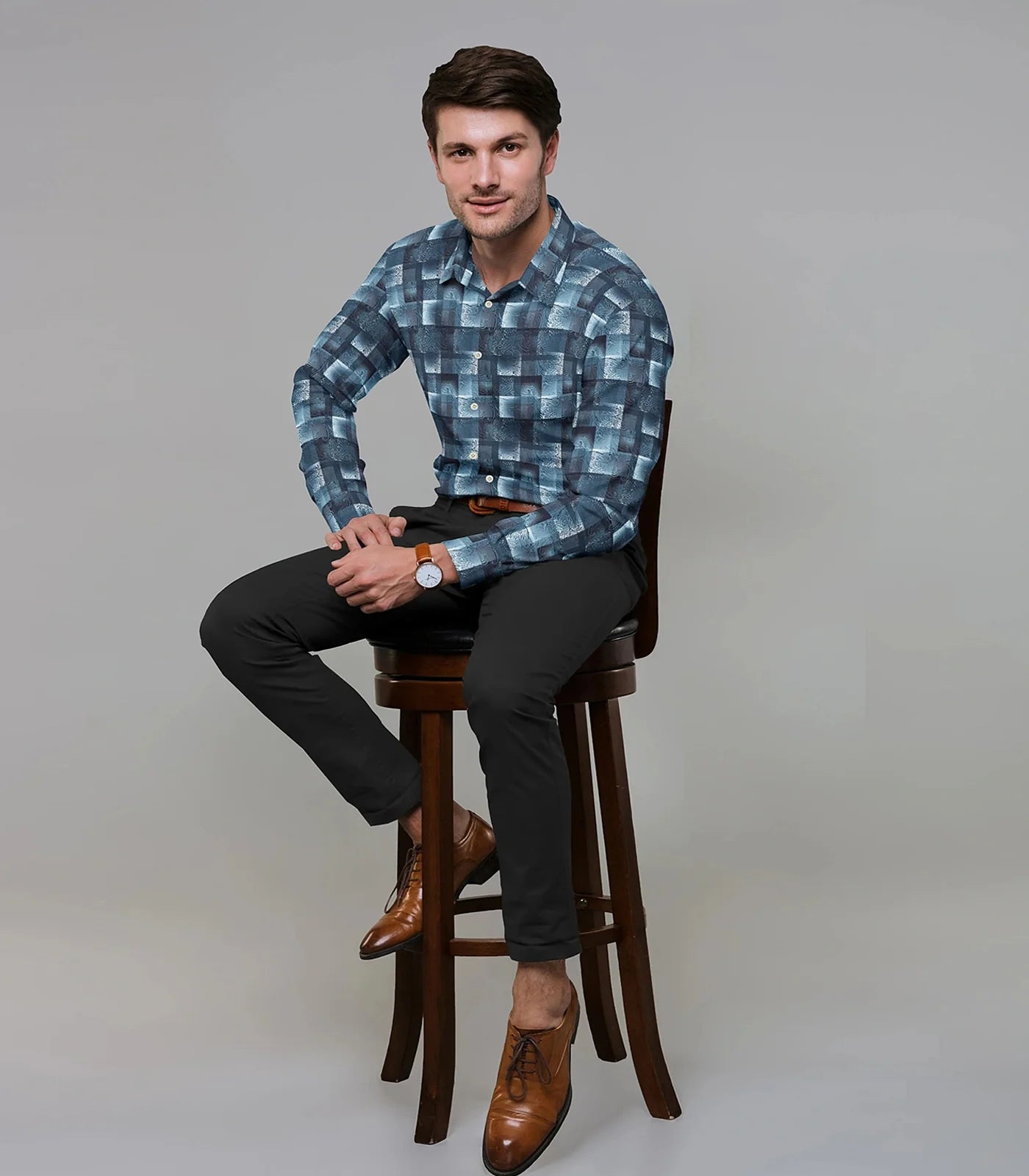 RmKV Blue Tonal Checked Paisley Printed Formal Shirt-Blue - view 2