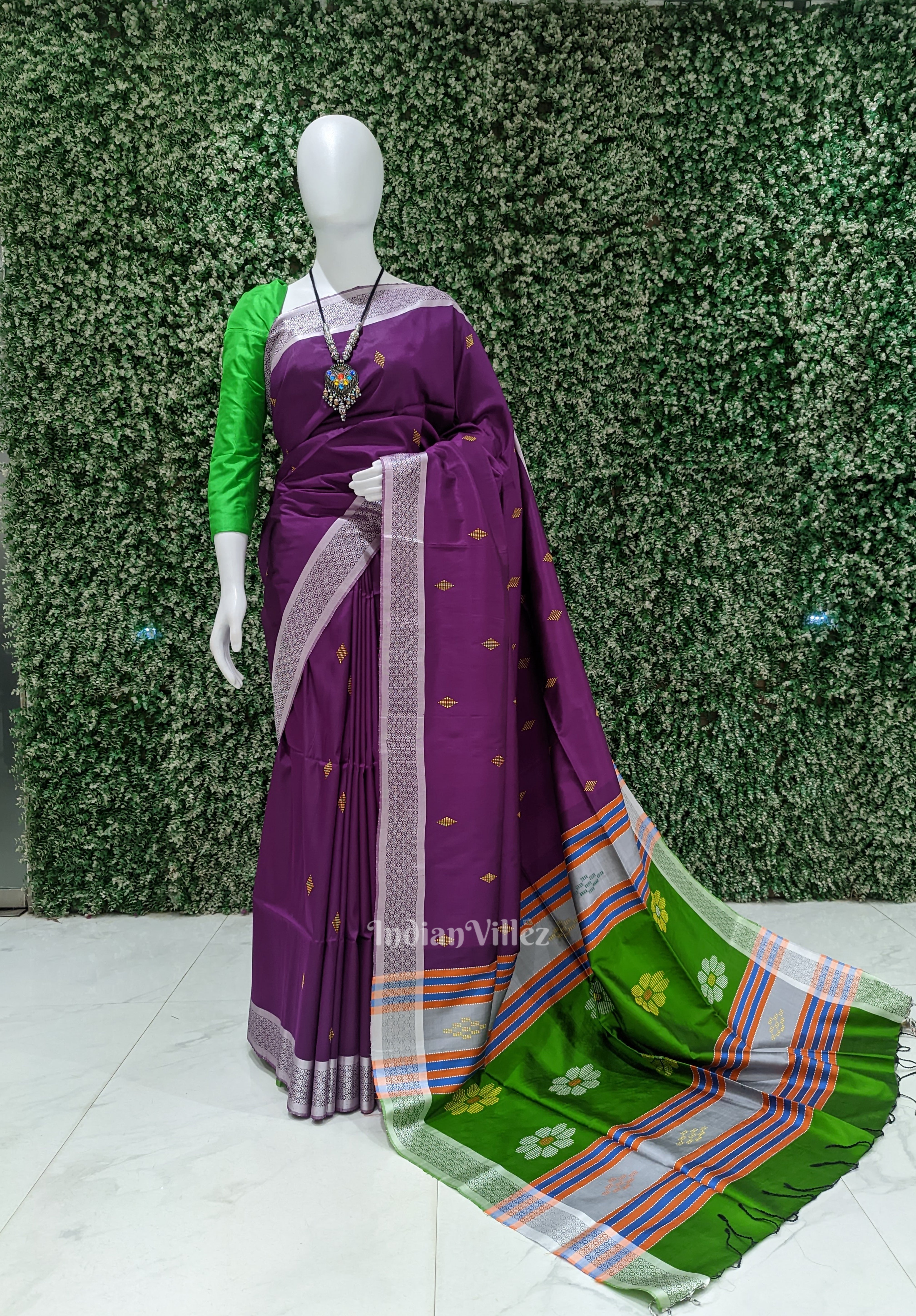 IndianVillèz Purple With Green Pure Bishnupuri Silk Saree